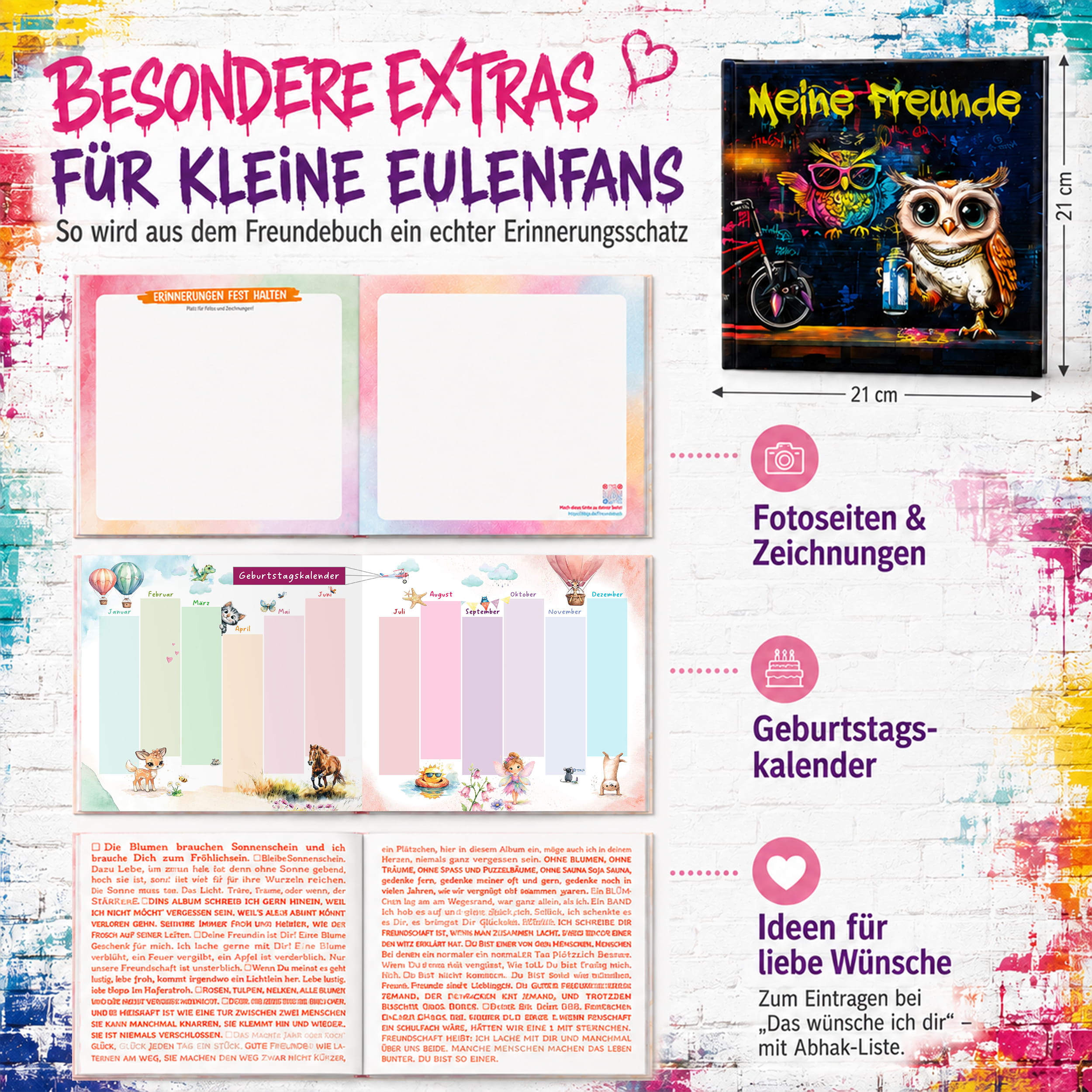 Freundebuch Grundschule Eule Graffiti – 21 x 21 cm Hardcover