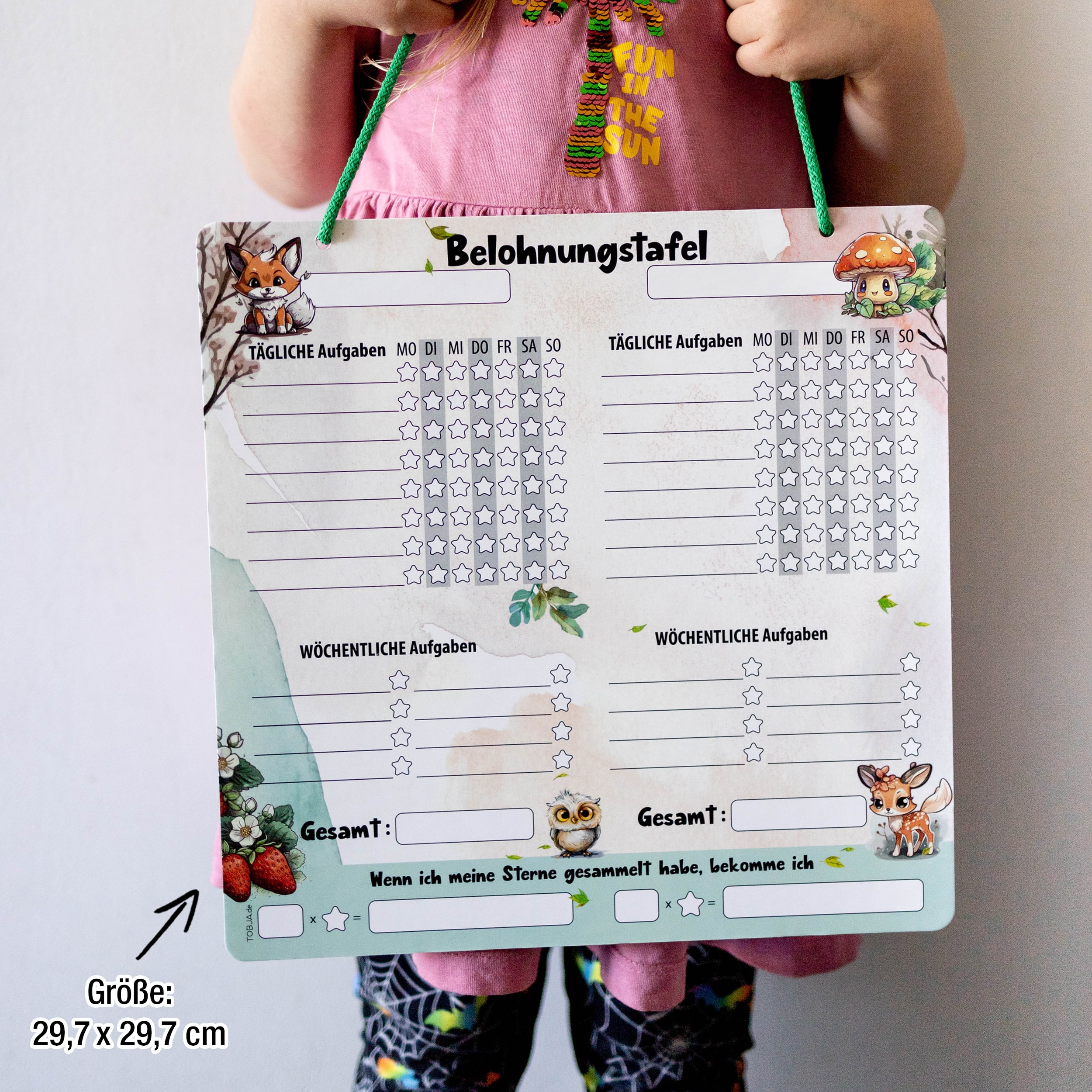 Belohnungstafel Quadratisch Waldtiere inkl. 4 Stifte mit Kordel