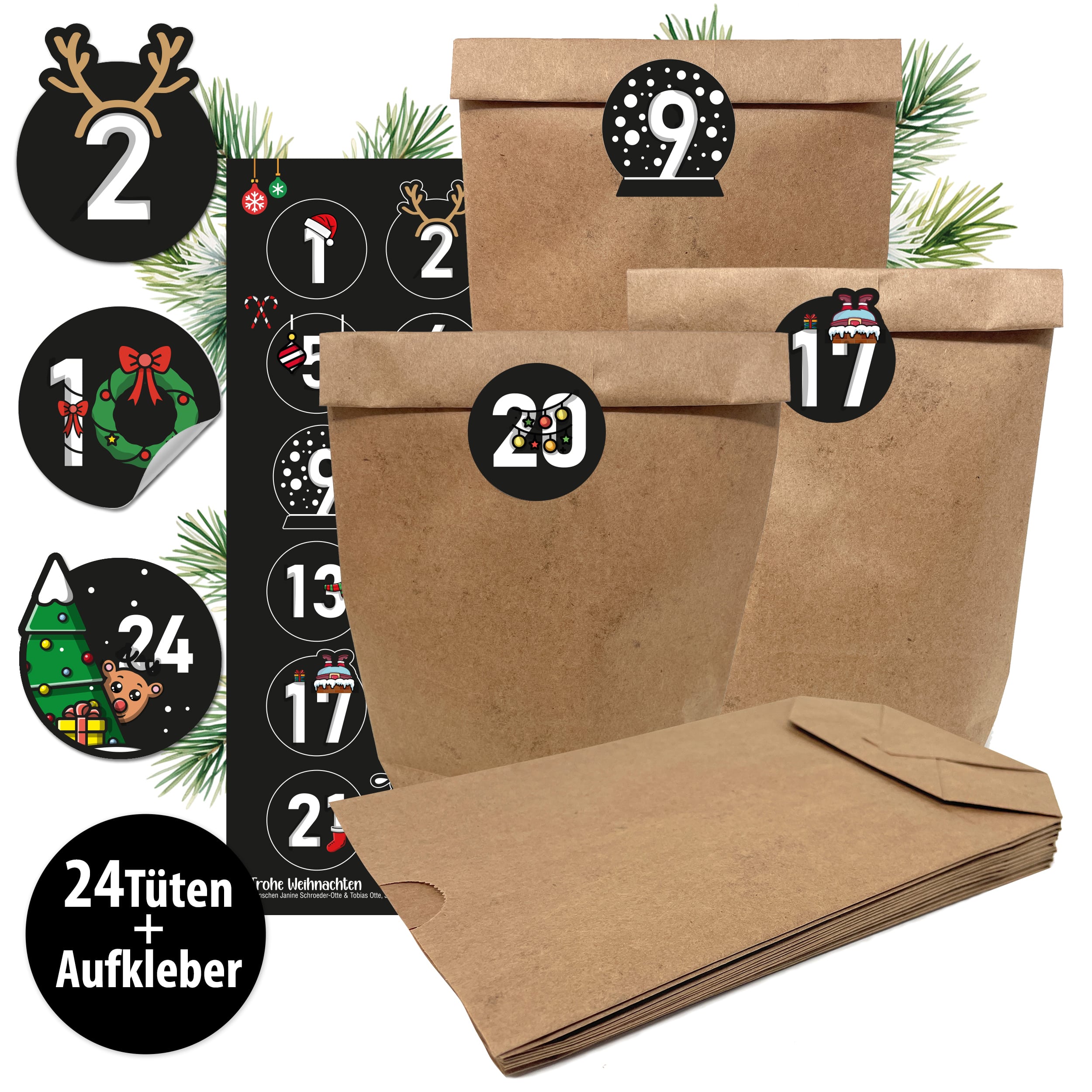 Adventskalender mit 24 Aufkleber schwarz-bunt