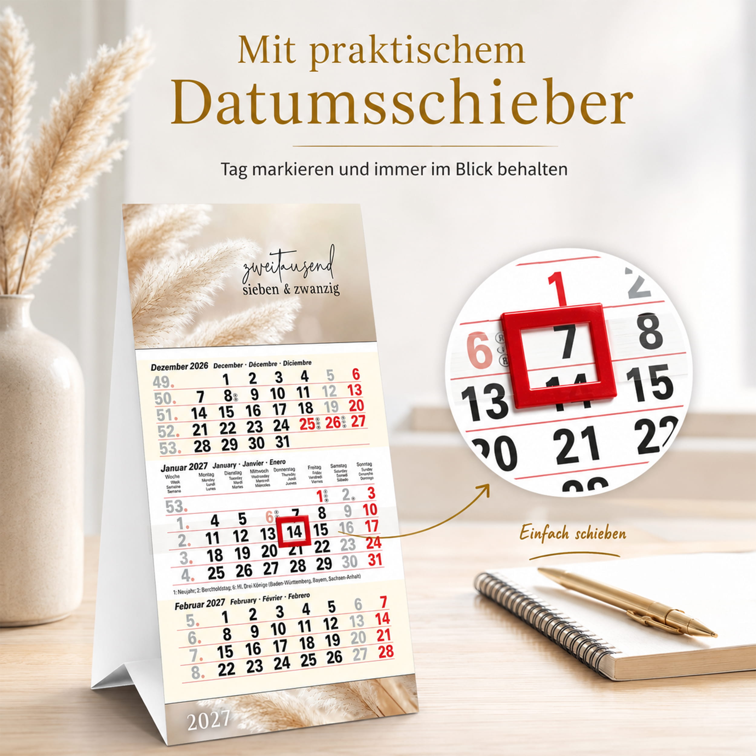 Tischkalender 2027 Pampas – 3 Monatskalender