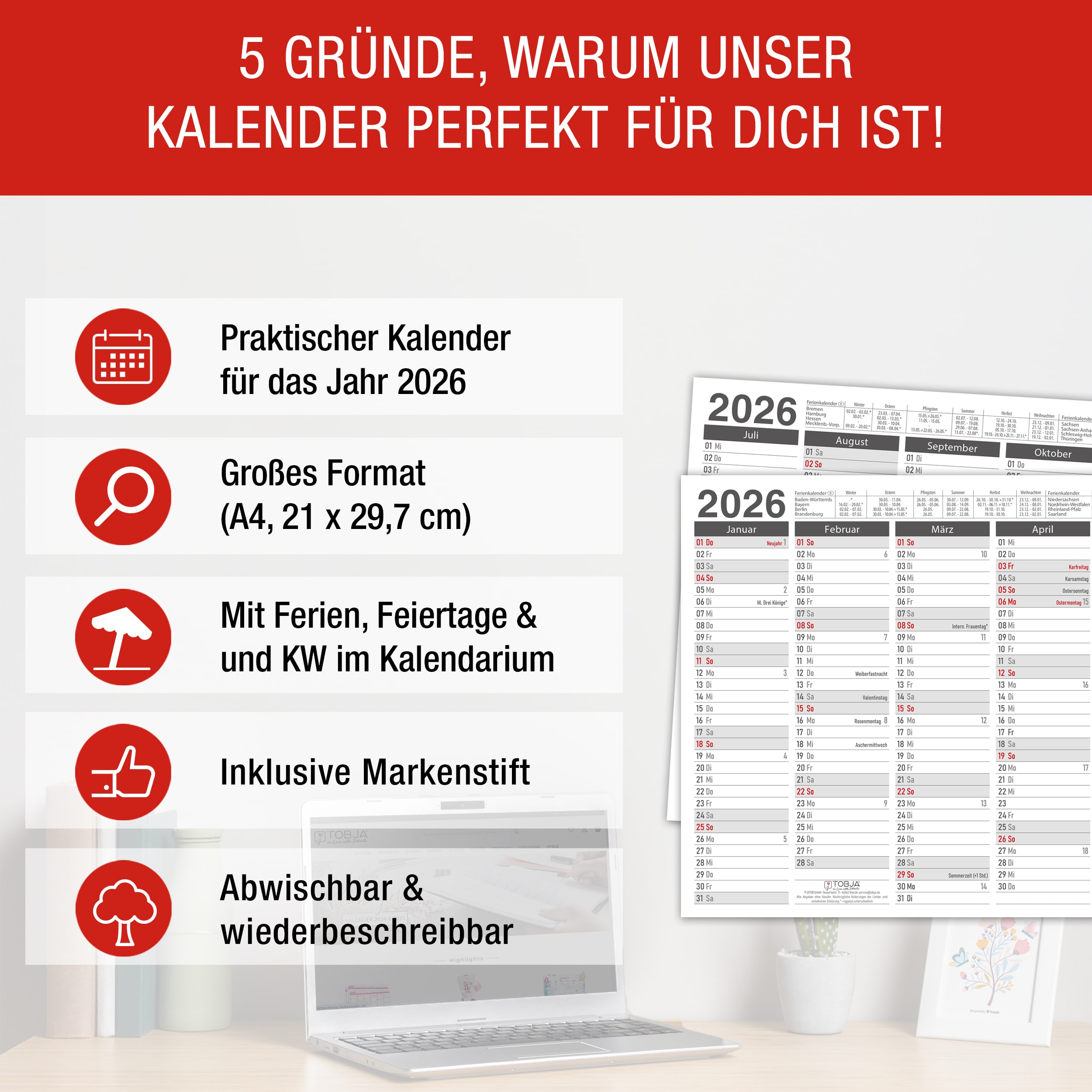 Abwischbarer A4 Tafelkalender 2026 "Grau"  Kalender inkl 1 Stift