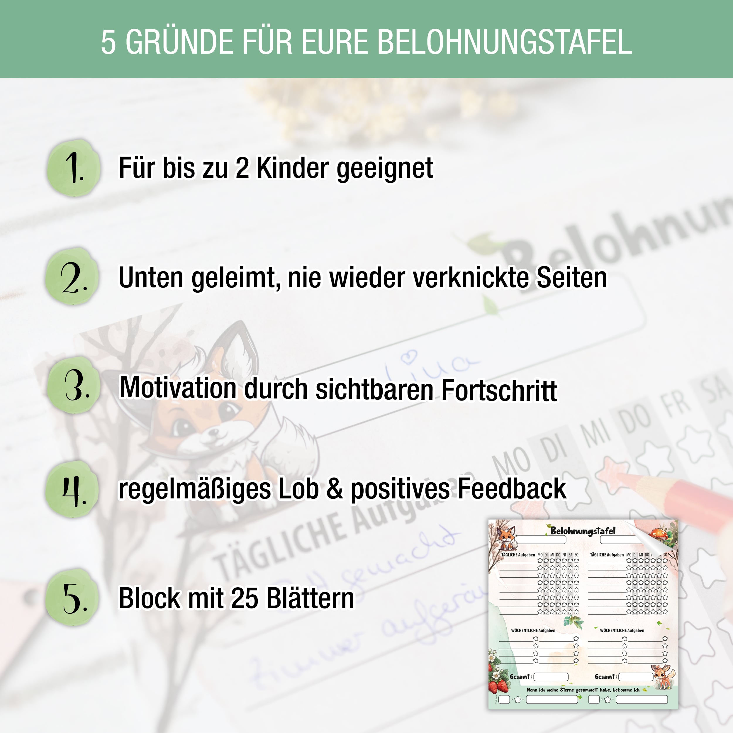 Belohnungstafel 30x30 Waldtiere Abreißblock