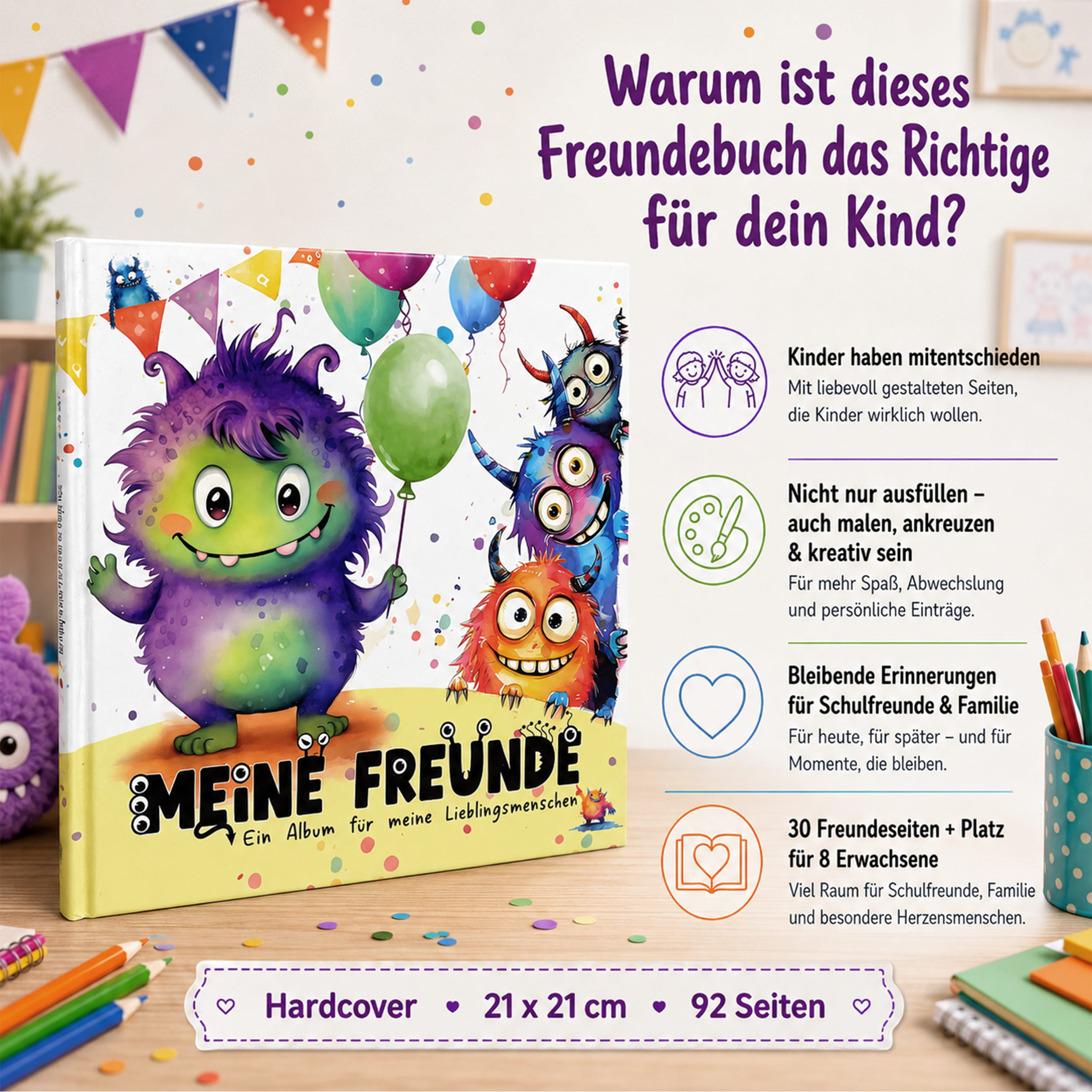 Freundebuch Grundschule Monster – 21 x 21 cm Hardcover