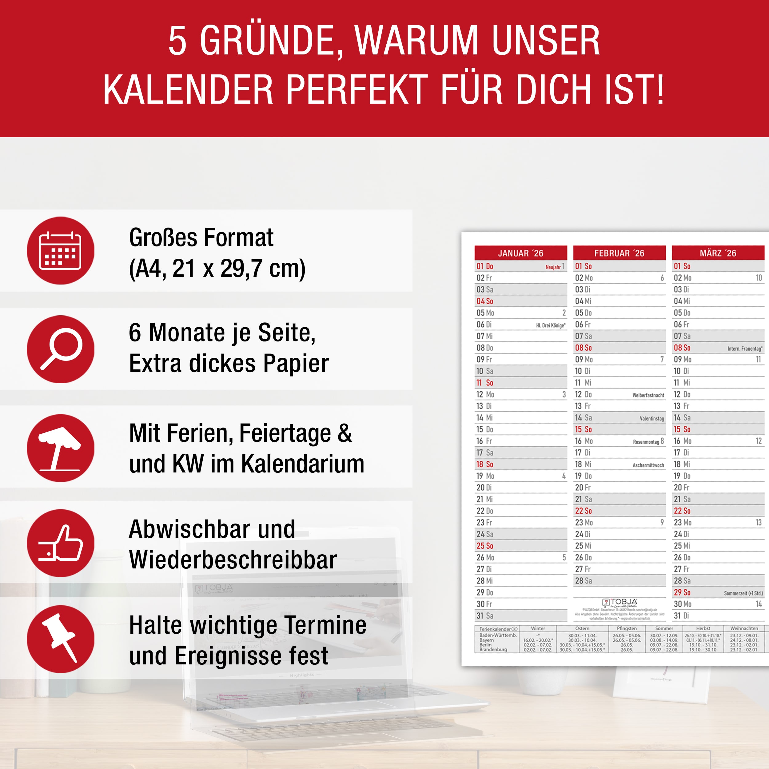 A4 abwischbar Tafelkalender ROT +4 Stifte 2026 "Folie" Jahreskalender wiederbeschreibbar FSC