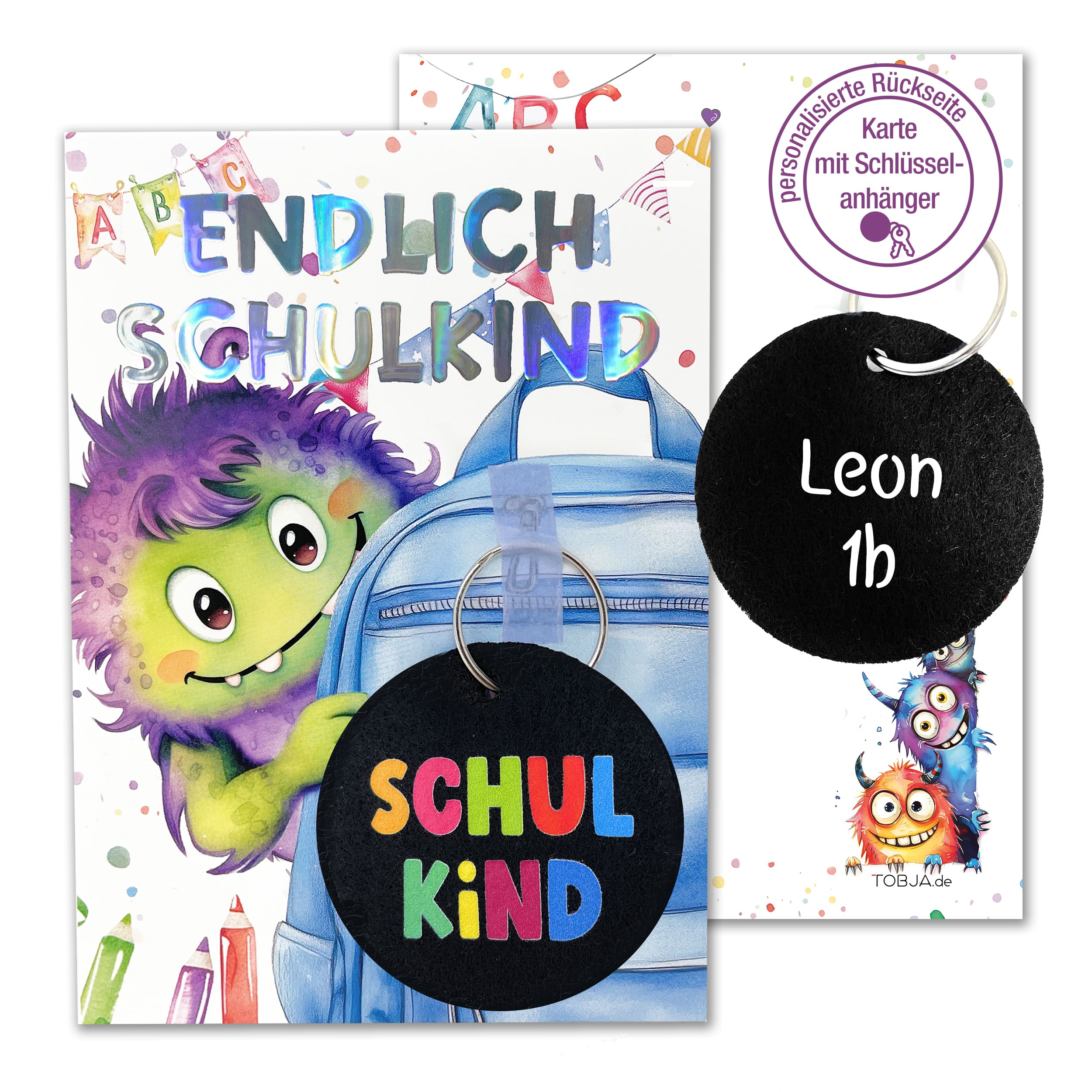 A6 Karte Glückwunsch Einschulung Monster + Anhänger Mit Name