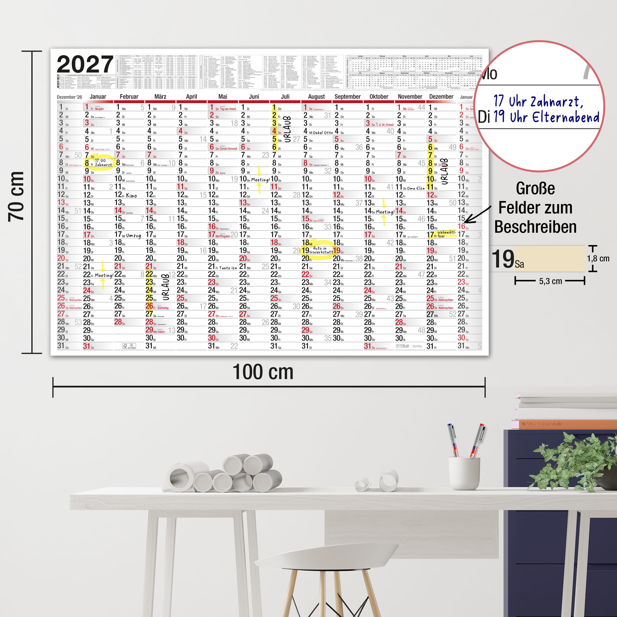 XXL Wandkalender 2026 1x Kalender abwischbar + 1 Stift