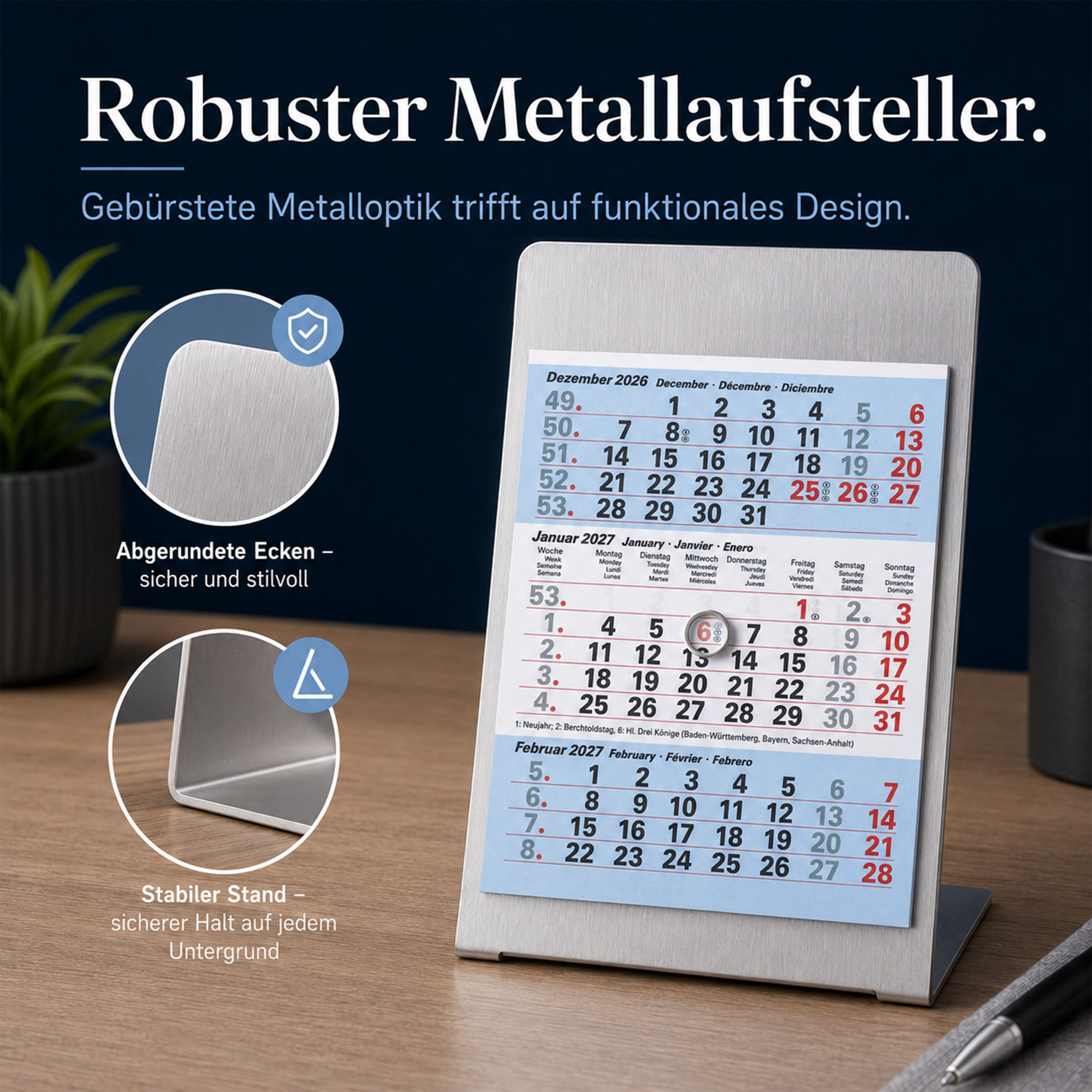 Magnet-System Ice – Tischkalender 2027 mit Metallaufsteller