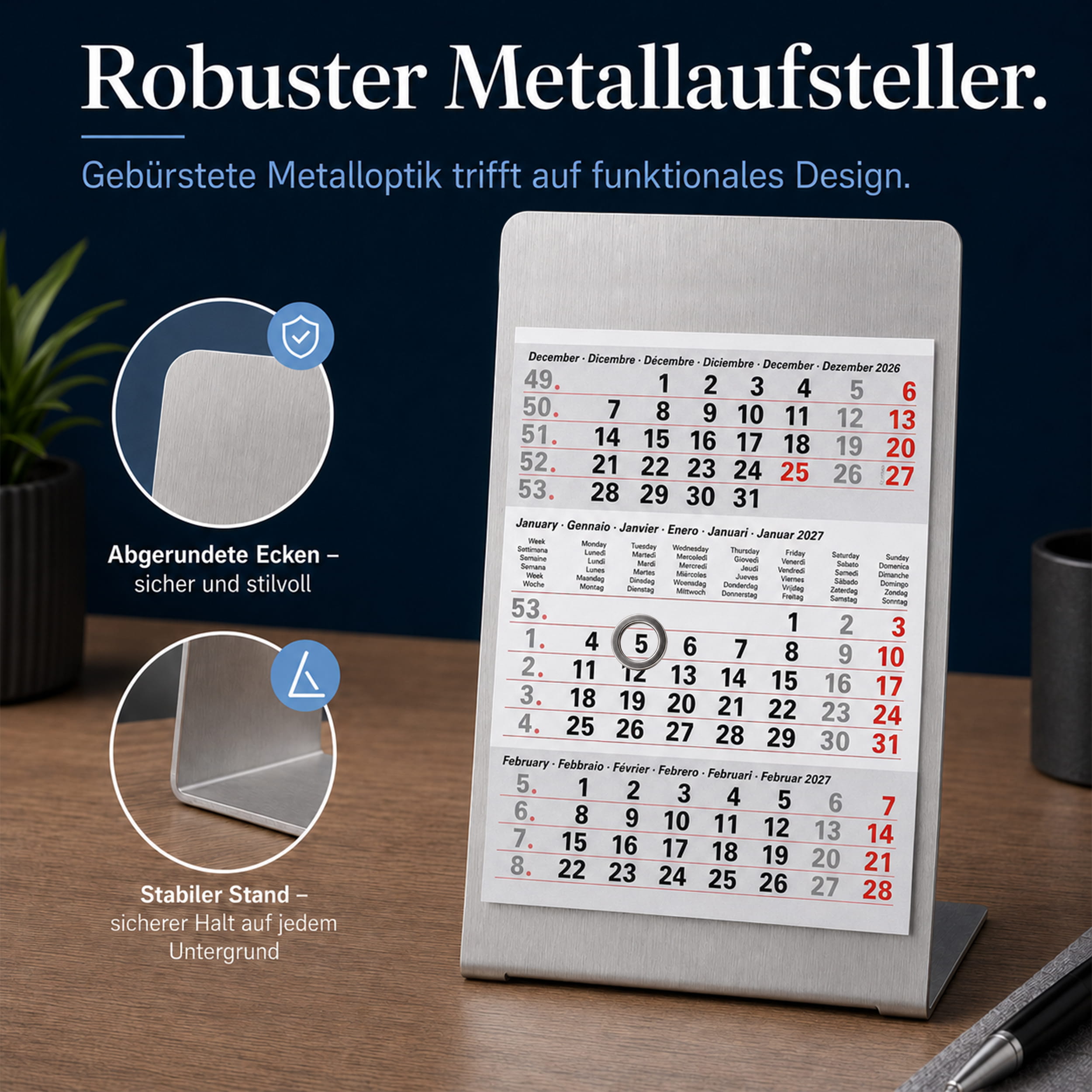 Magnet-System Titan – Tischkalender 2027 mit Metallaufsteller