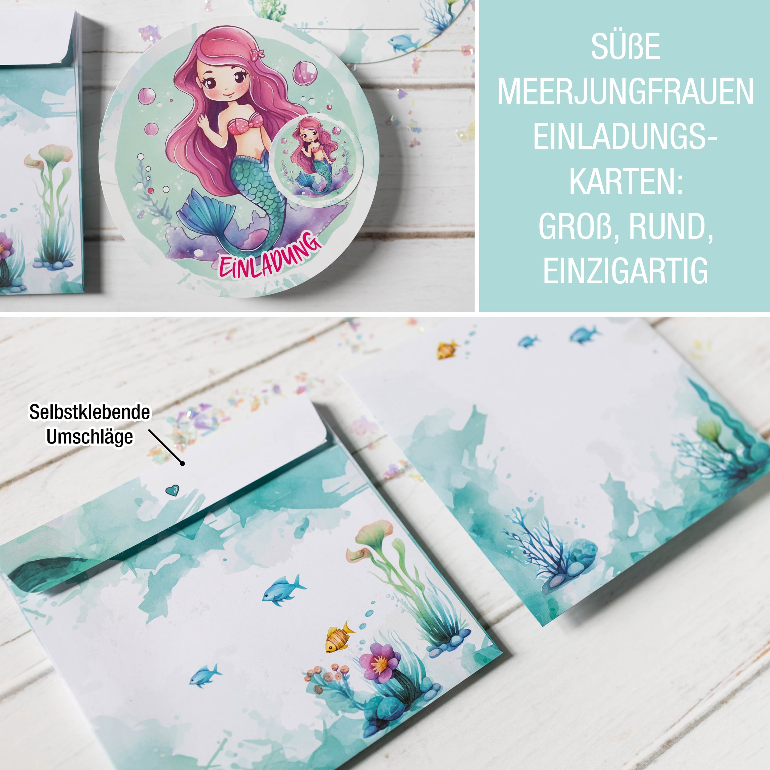Einladungskarten Meerjungfrau inkl. Sticker 10er Set