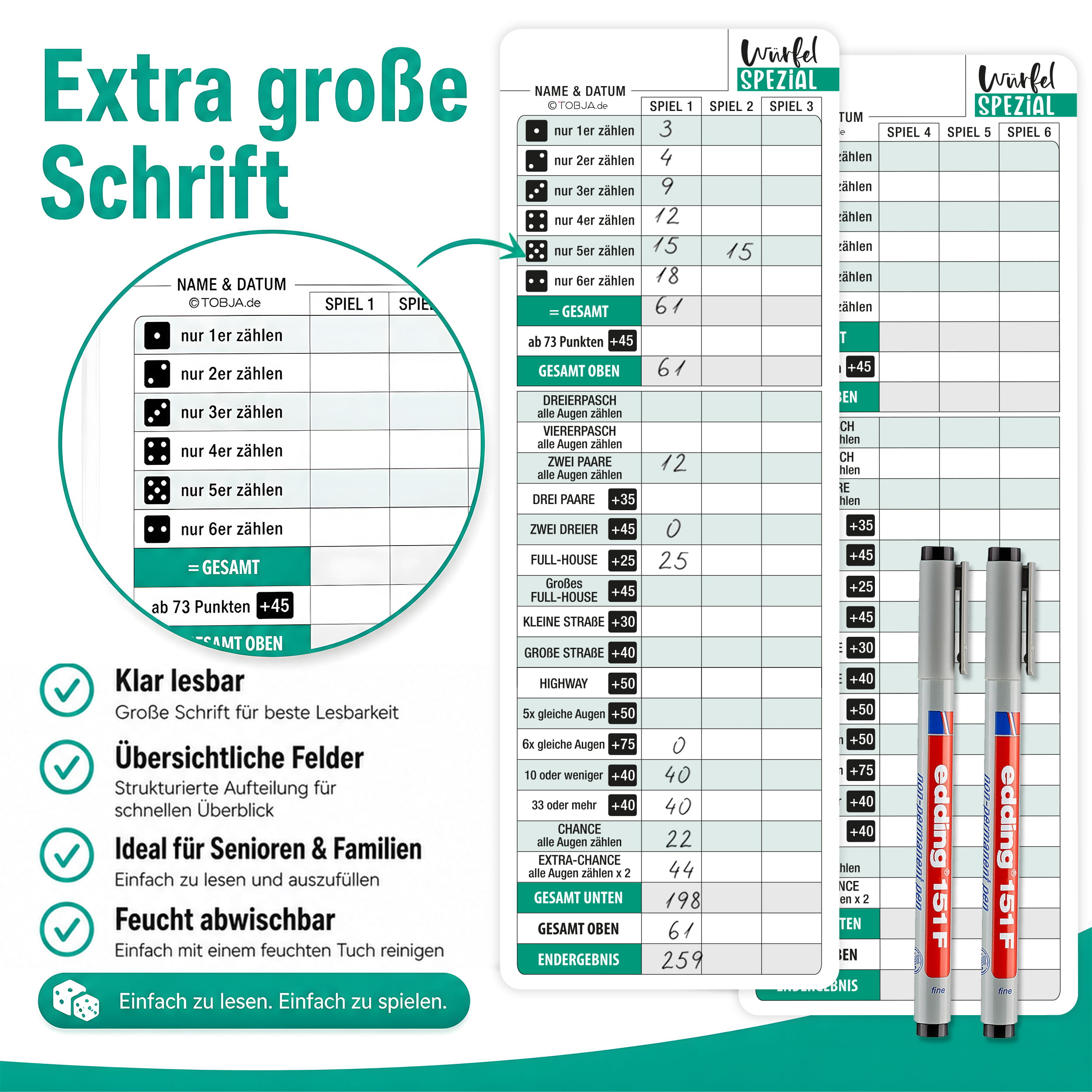 Würfelspiel abwischbar Spezial – 3 Blätter