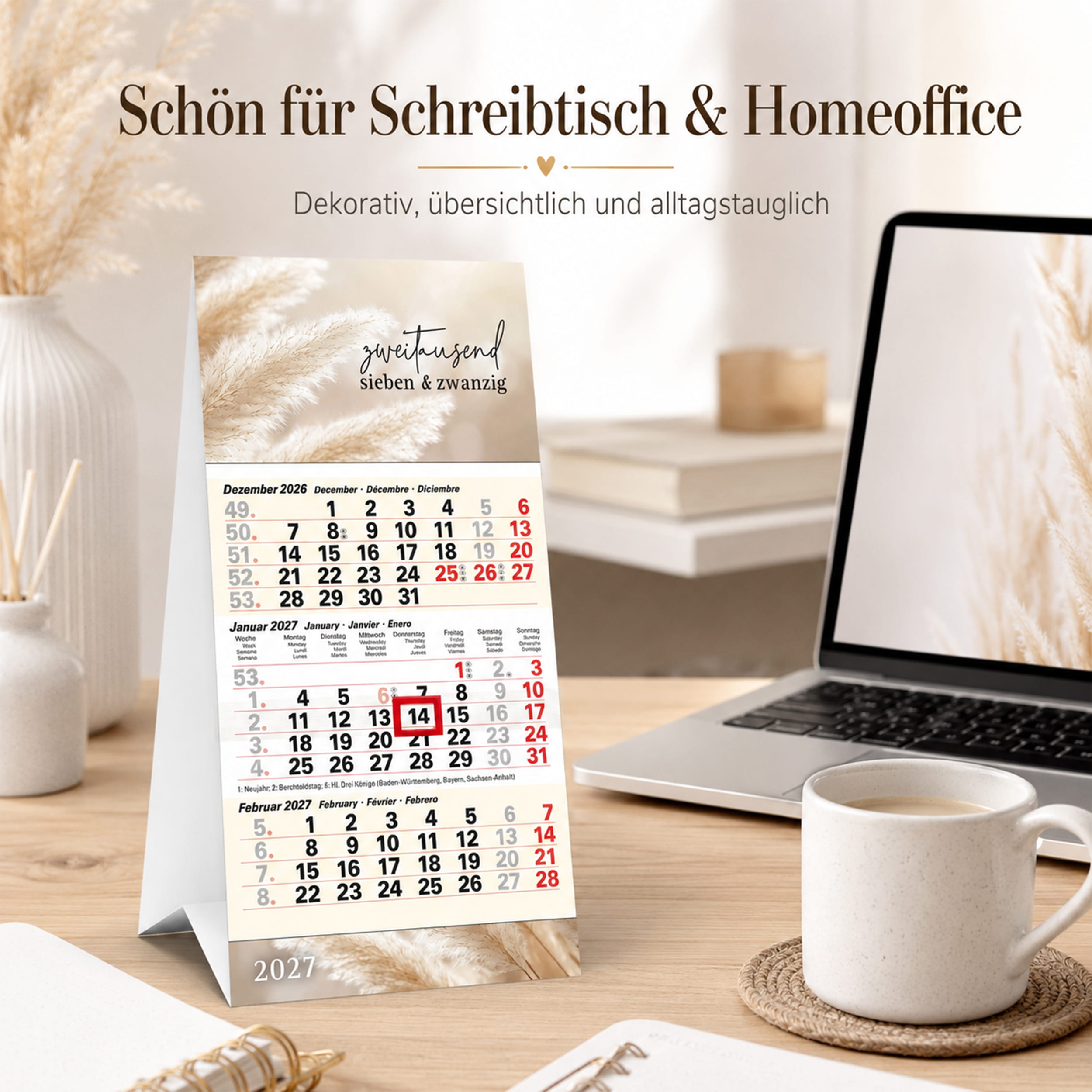 Tischkalender 2027 Pampas – 3 Monatskalender