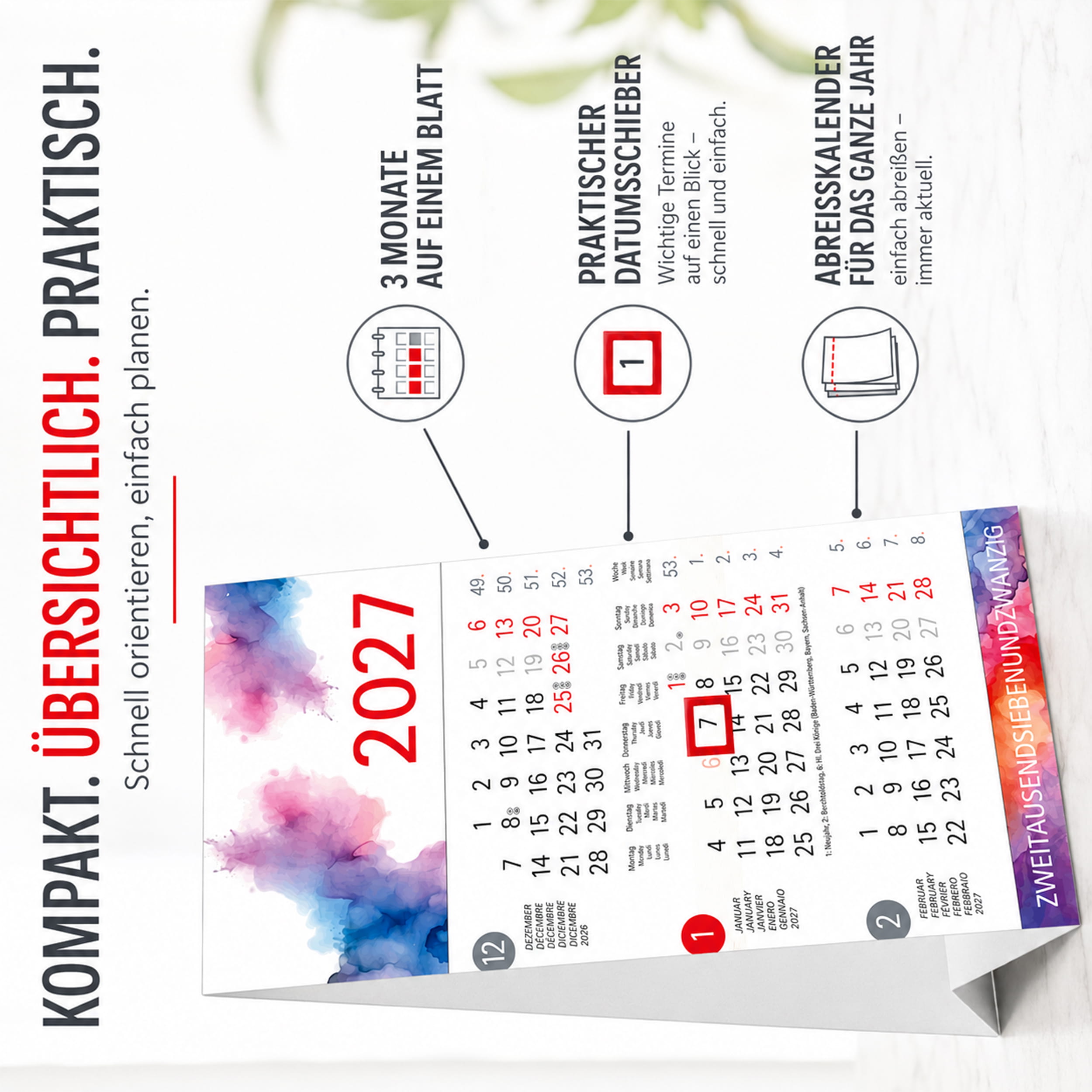 Tischkalender 2027 Aquarell – 3 Monatskalender