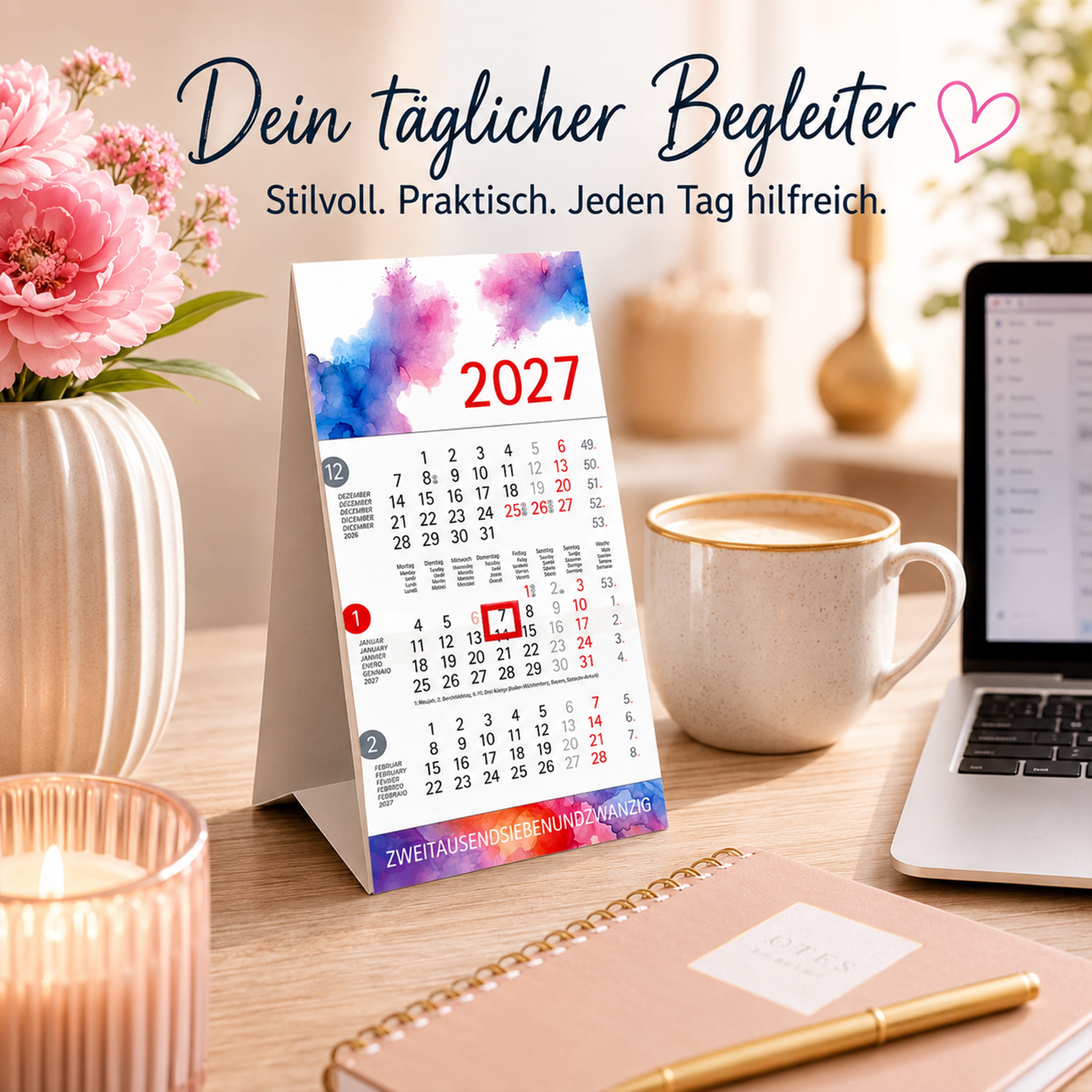 Tischkalender 2027 Aquarell – 3 Monatskalender