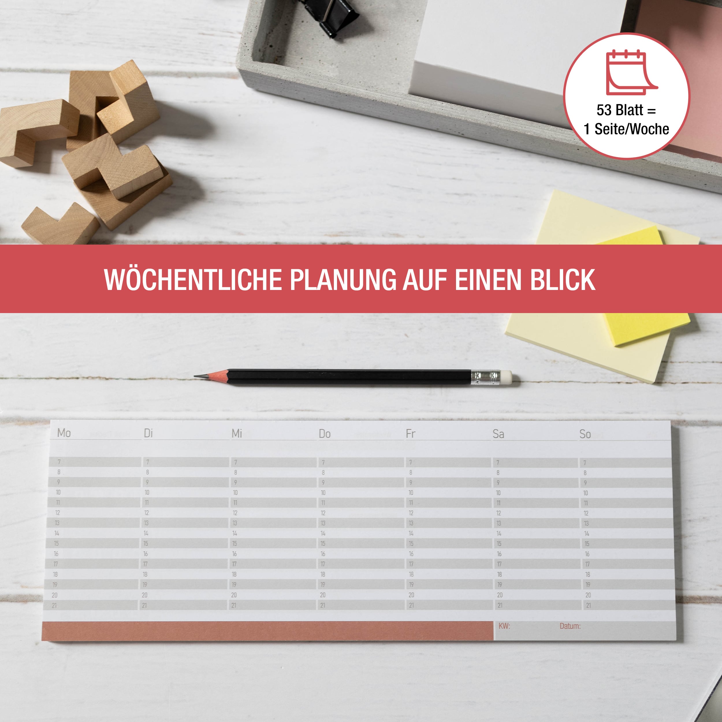 Roter Wochen-Tischkalender Block – 53 Seiten