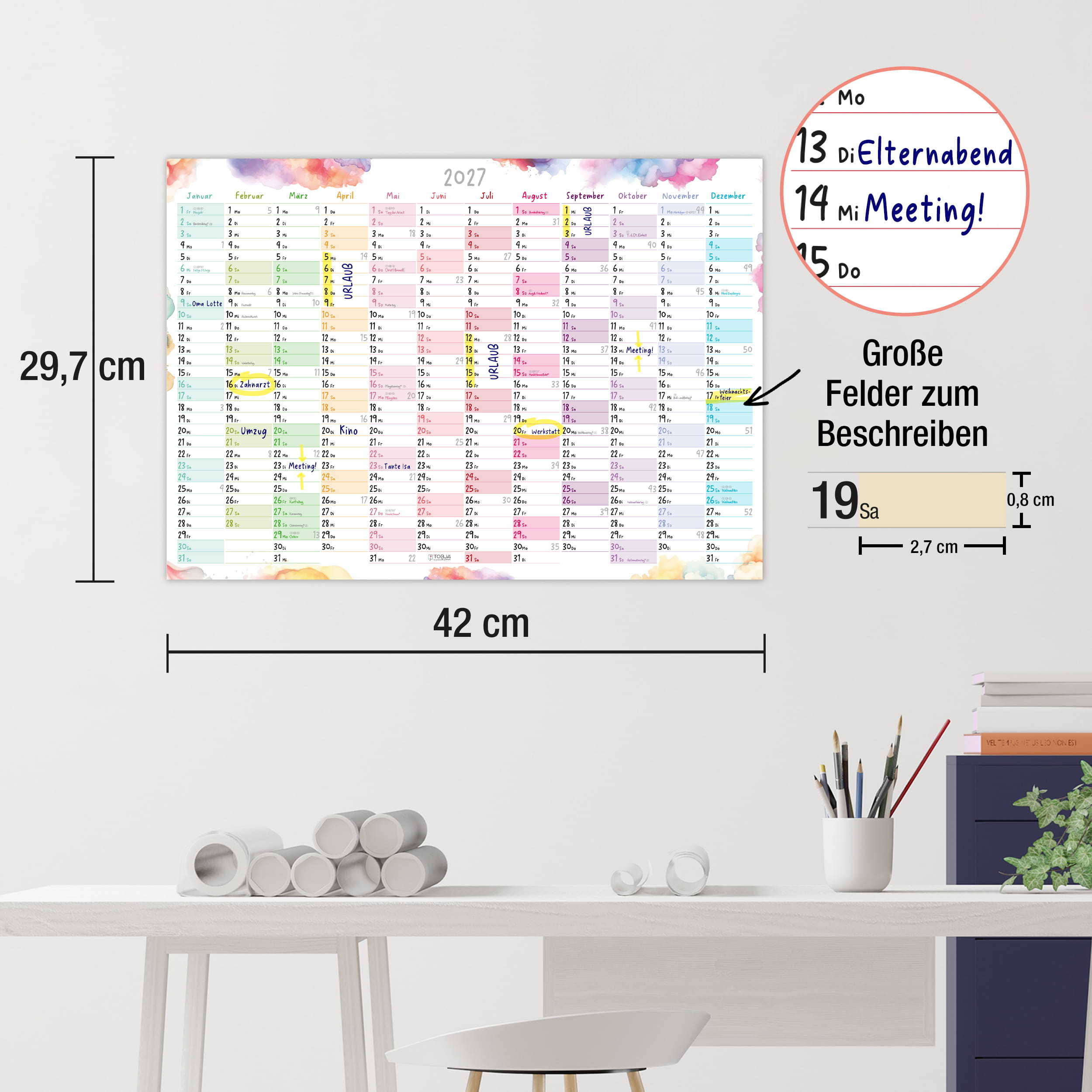 Wandkalender 2027 A3 Aquarell Splash