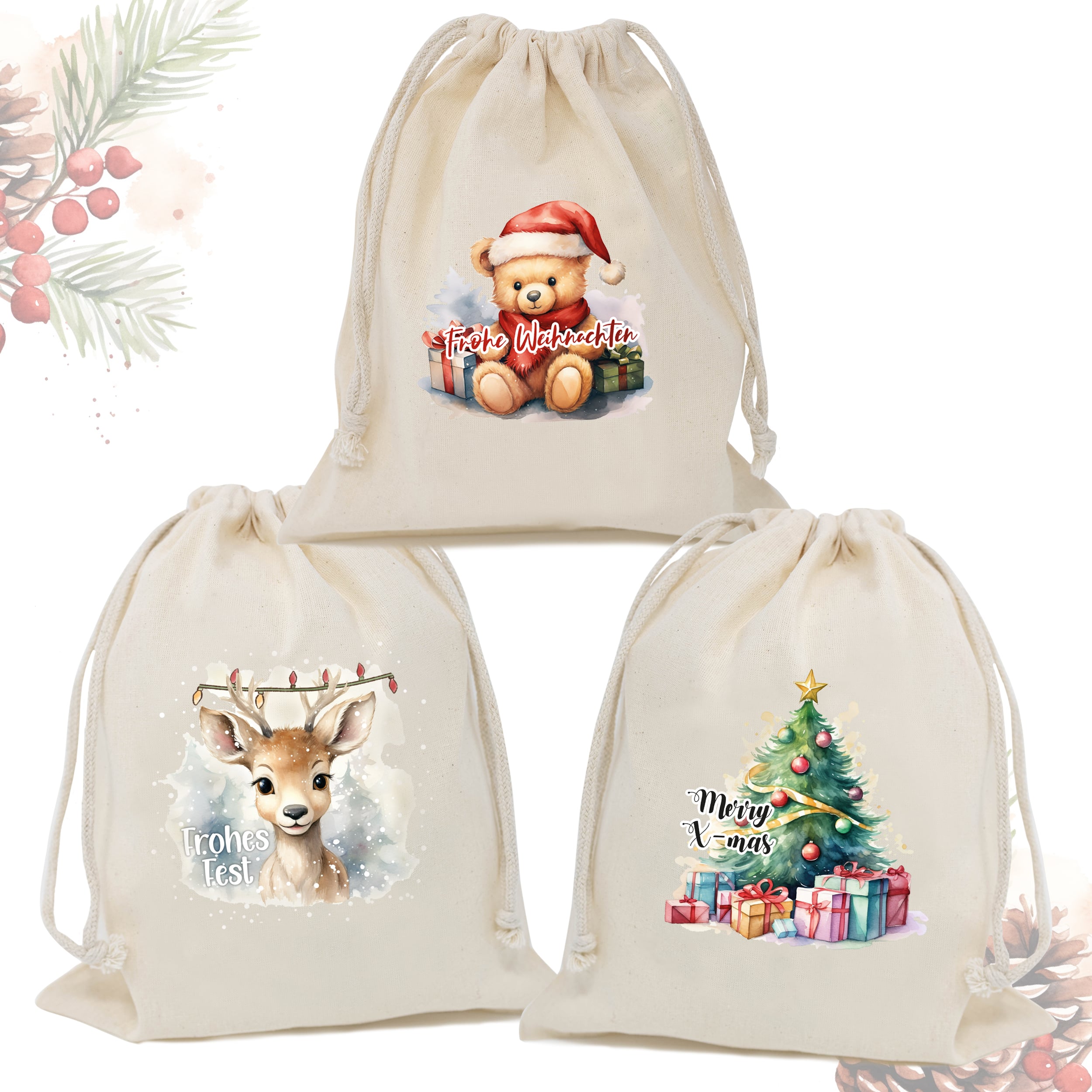 Weihnachtsbeutel Baumwolle Bunt 3er Set Weihnachtsbeutel Baumwolle Bunt 3er Set
