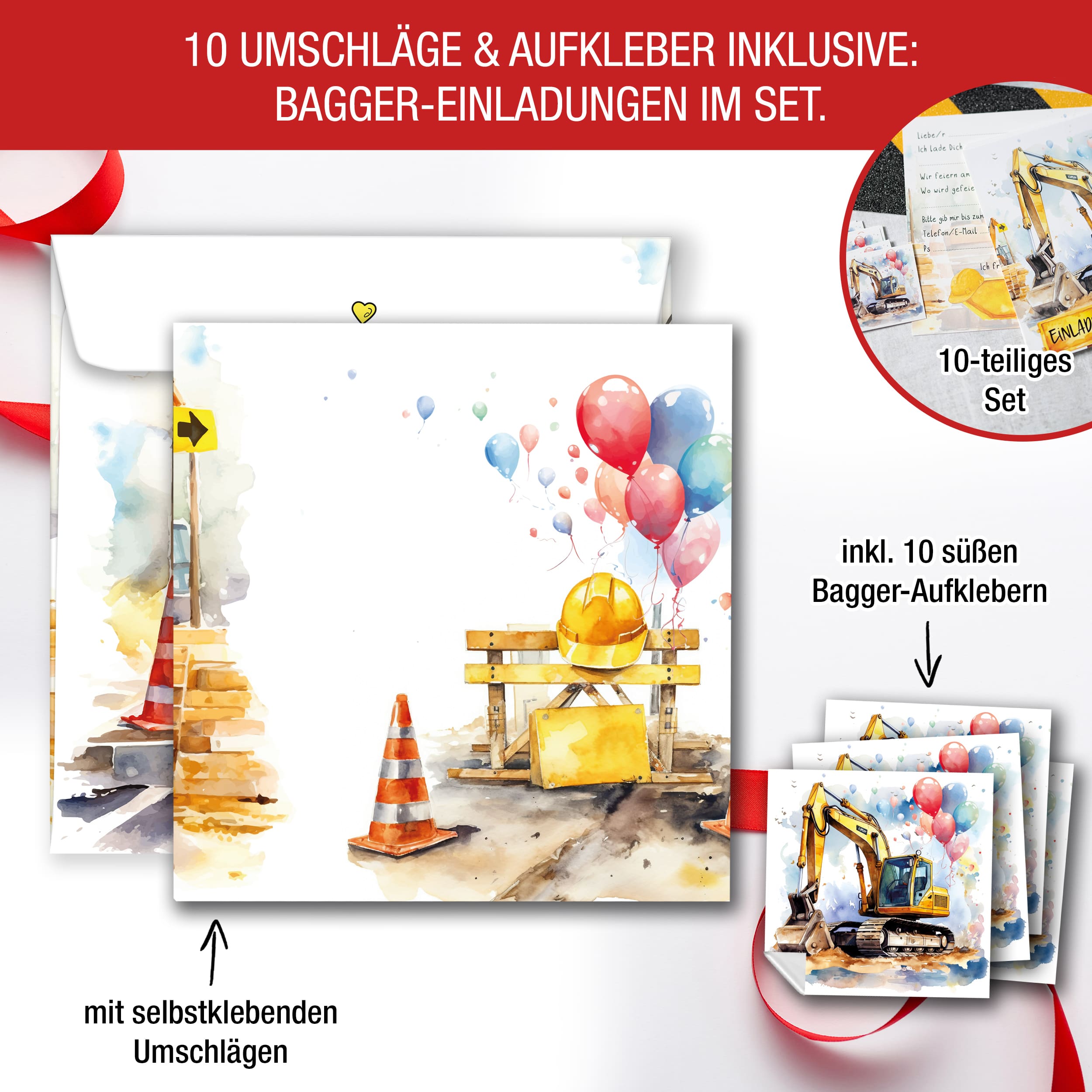 Einladungskarten Bagger inkl. Sticker 10er Set