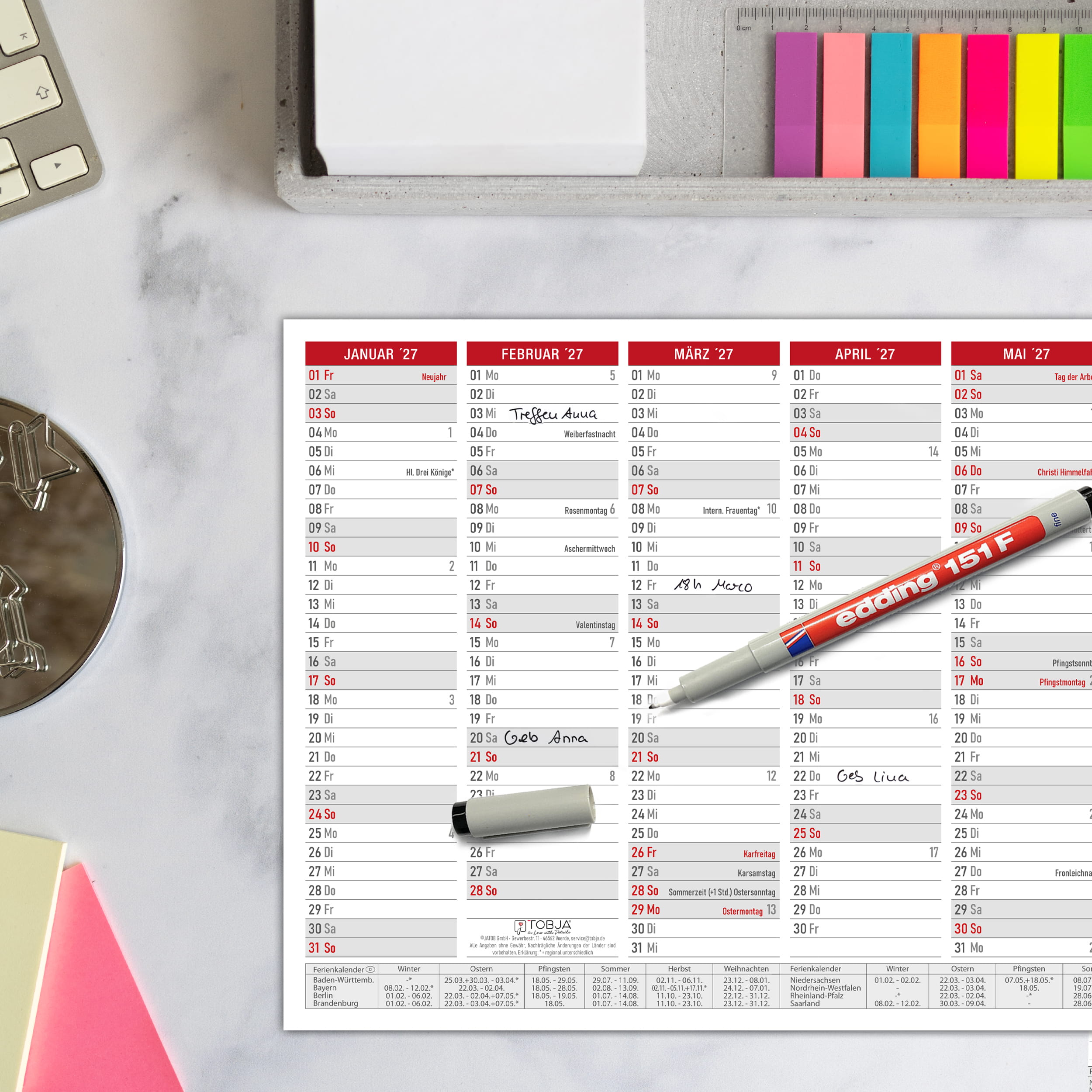 Abwischbarer A4 Tafelkalender 2026 "Rot"  Kalender inkl 1 Stift