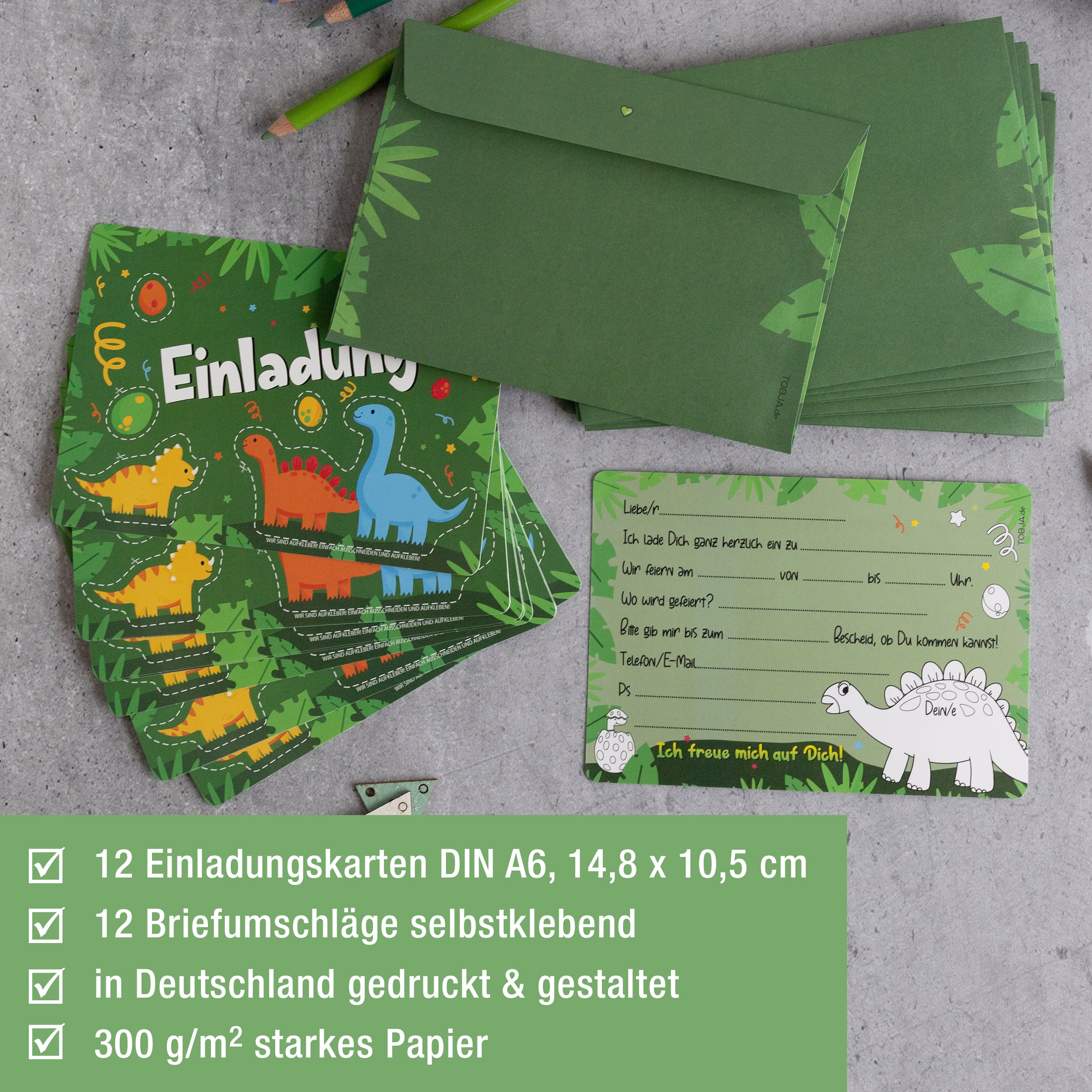 12 Einladungskarten inkl. Umschläge "Dino Party"