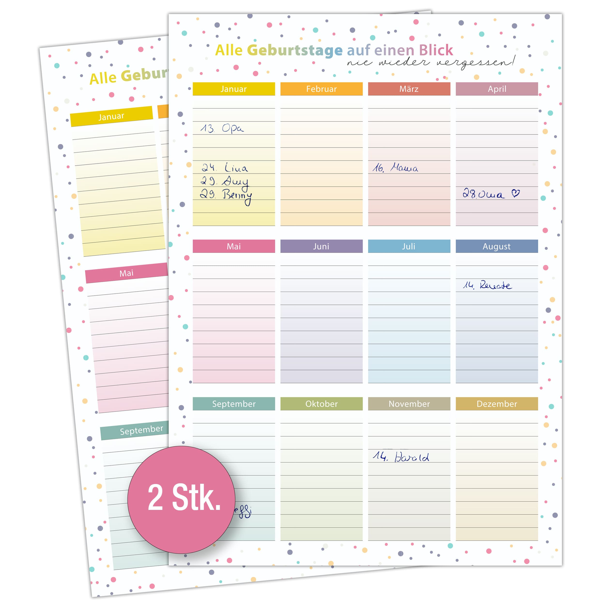 Geburtstagskalender A4 2er Set "Dots" Geburtstagskalender A4 2er Set "Dots"