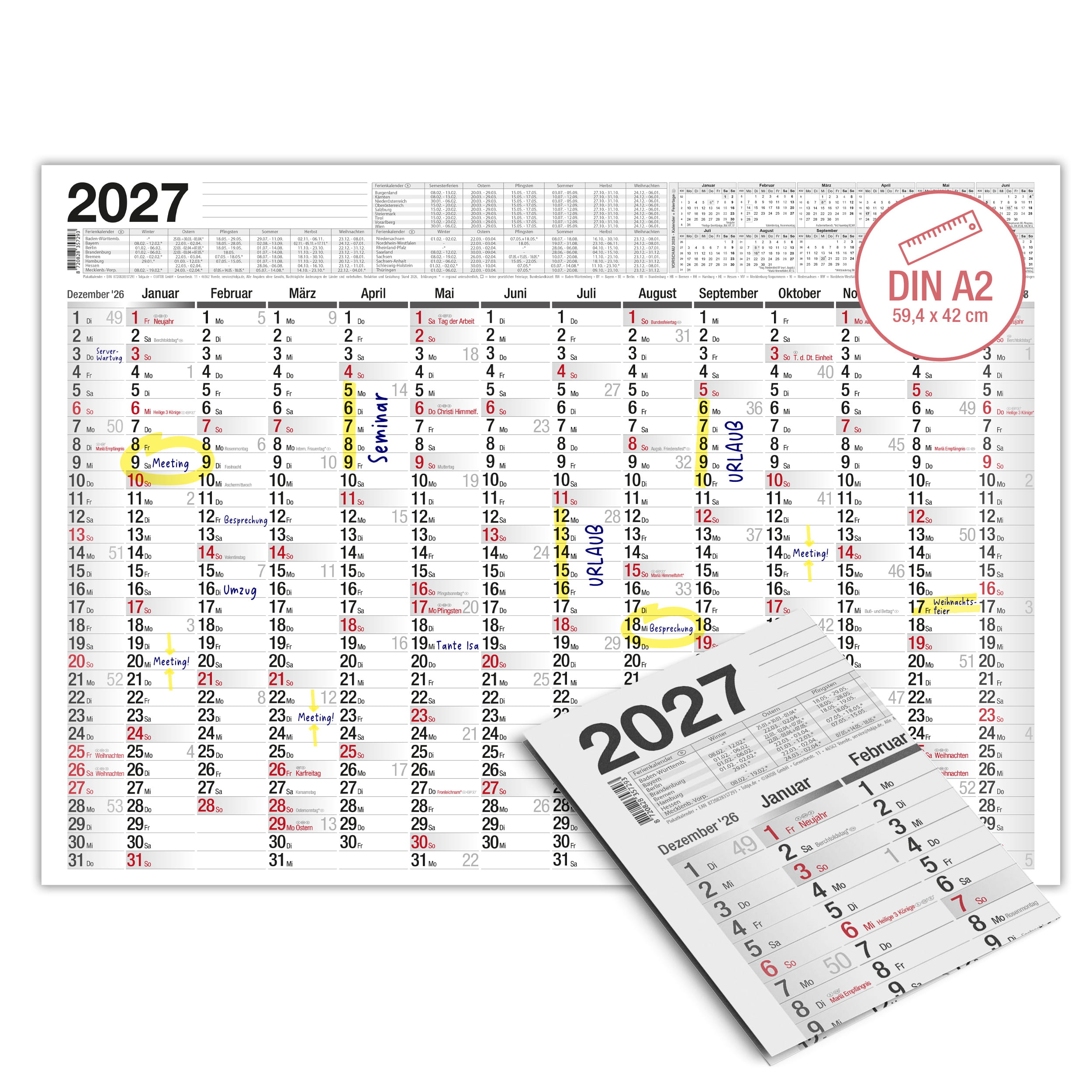 Wandkalender 2027 A2 Standard 14 Monate