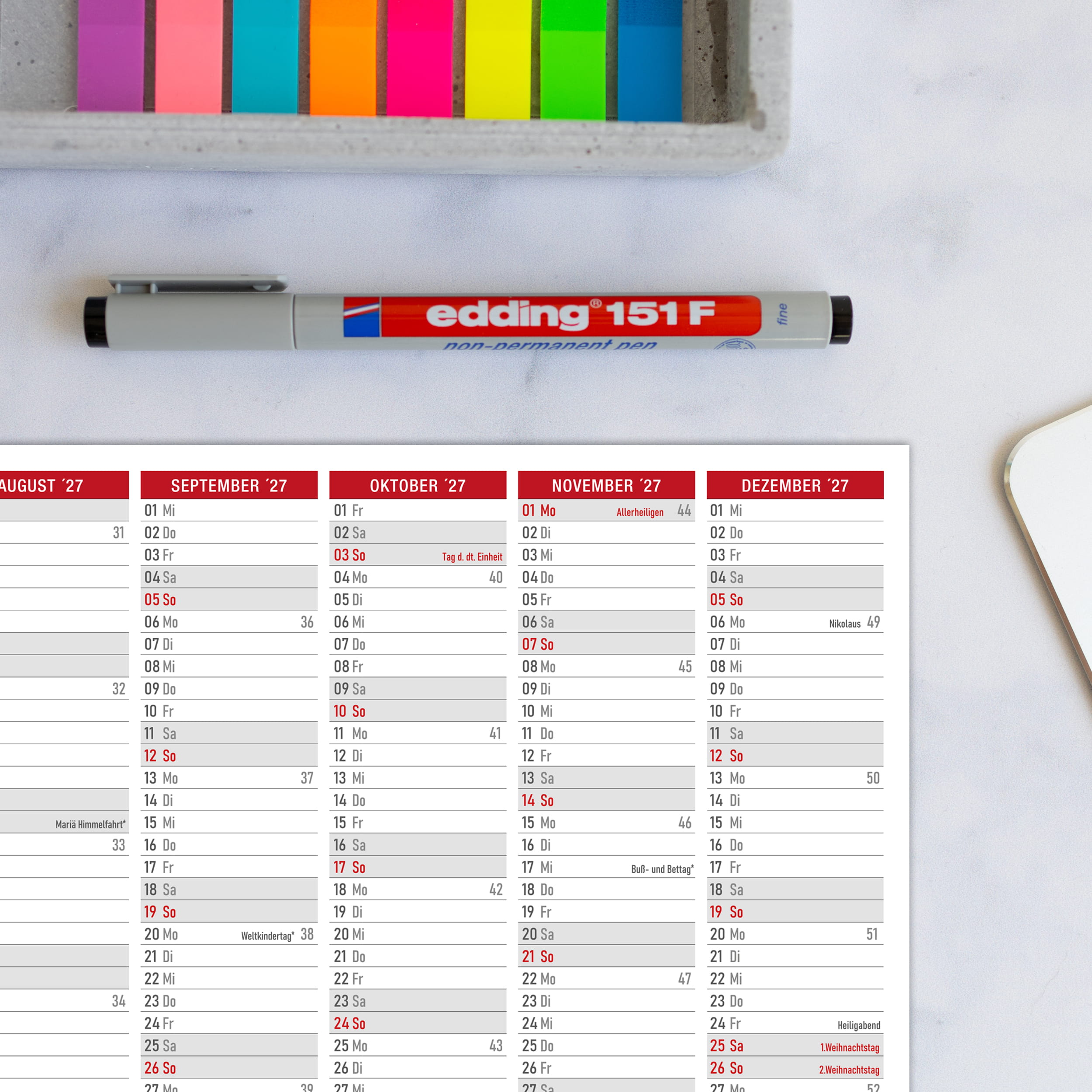 Abwischbarer A4 Tafelkalender 2026 "Rot"  Kalender inkl 1 Stift