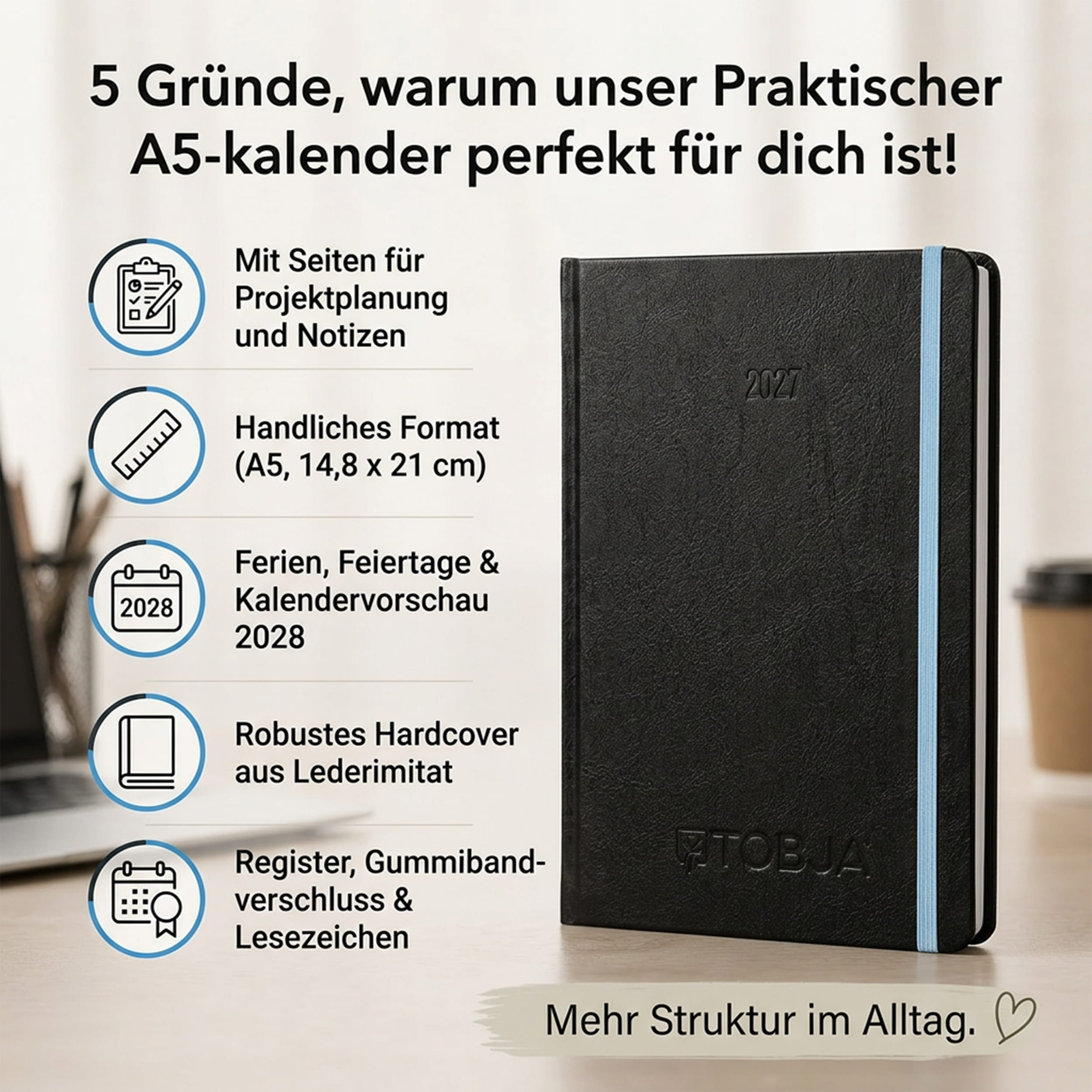 Buchkalender 2027 A5 Nero Blau Halbstunden