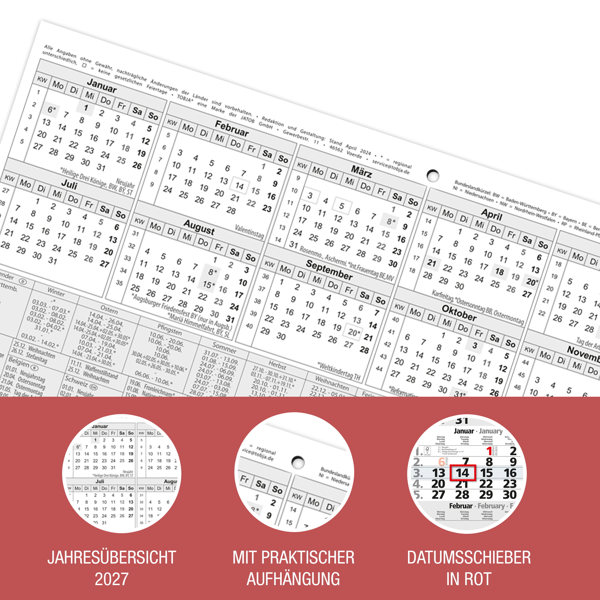 4-Monatskalender 2027 Rot 30x59
