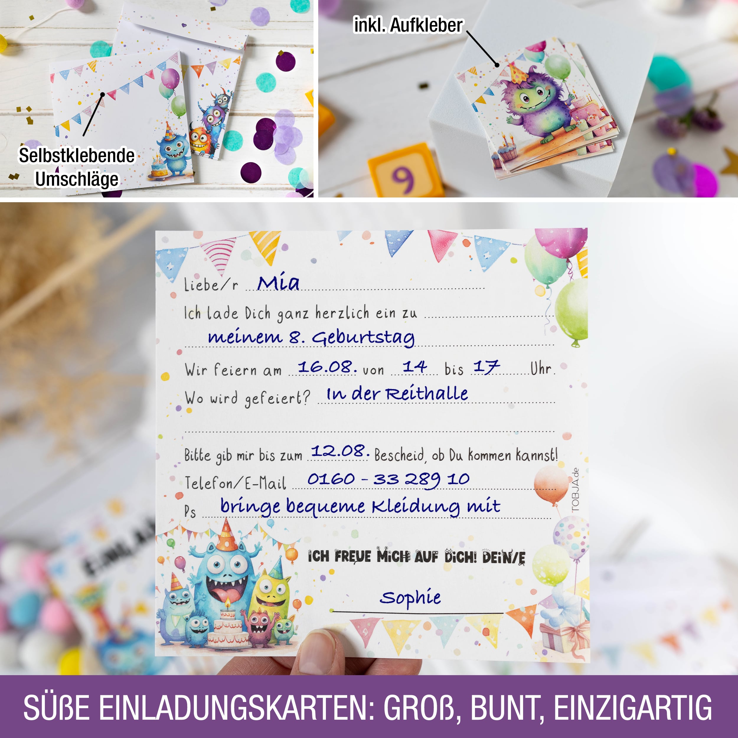 Einladungskarten Monster inkl. Sticker 10er Set
