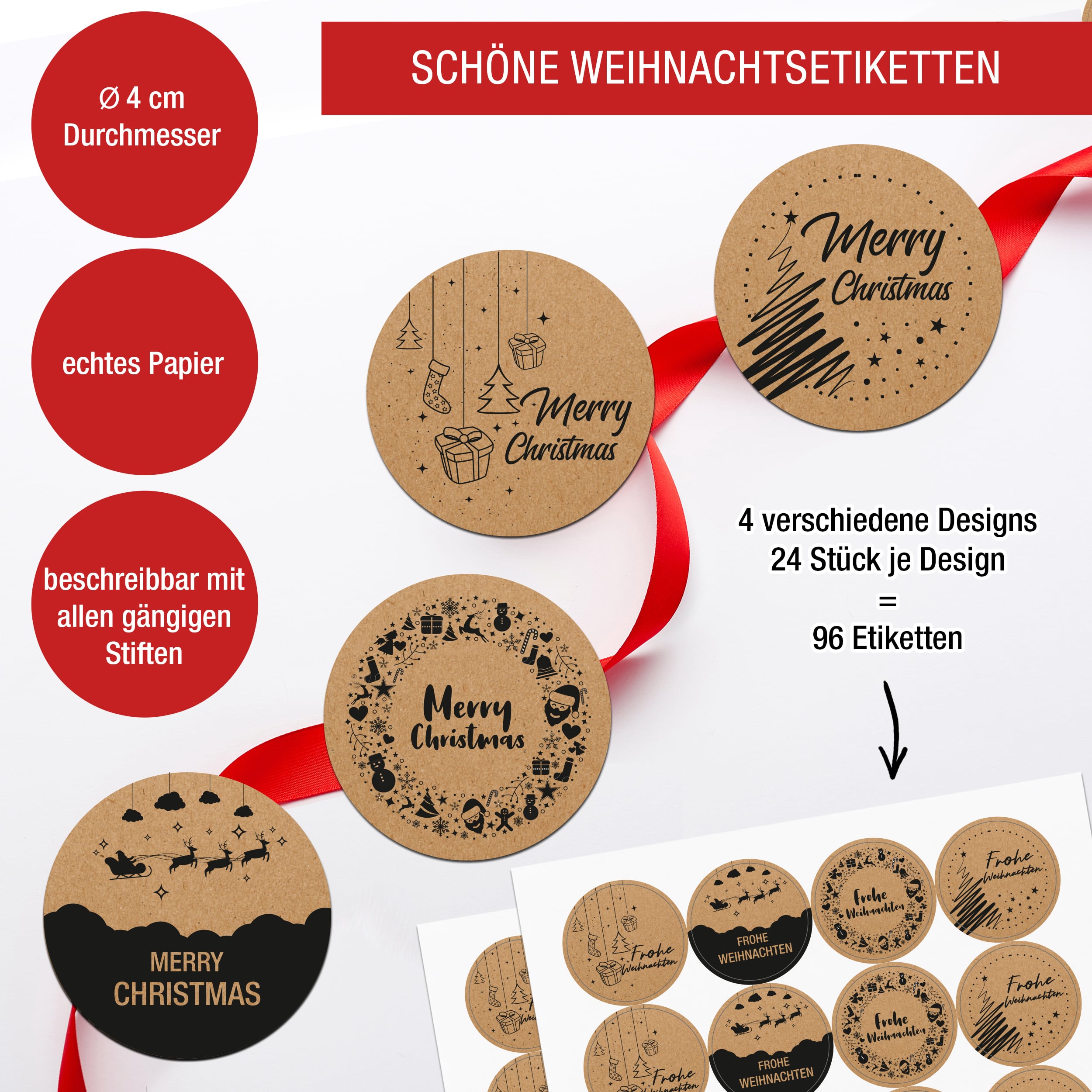 Sticker 4-er Set Bögen "Merry Christmas" Kraftpapier Sticker 4-er Set Bögen "Merry Christmas" Kraftpapier