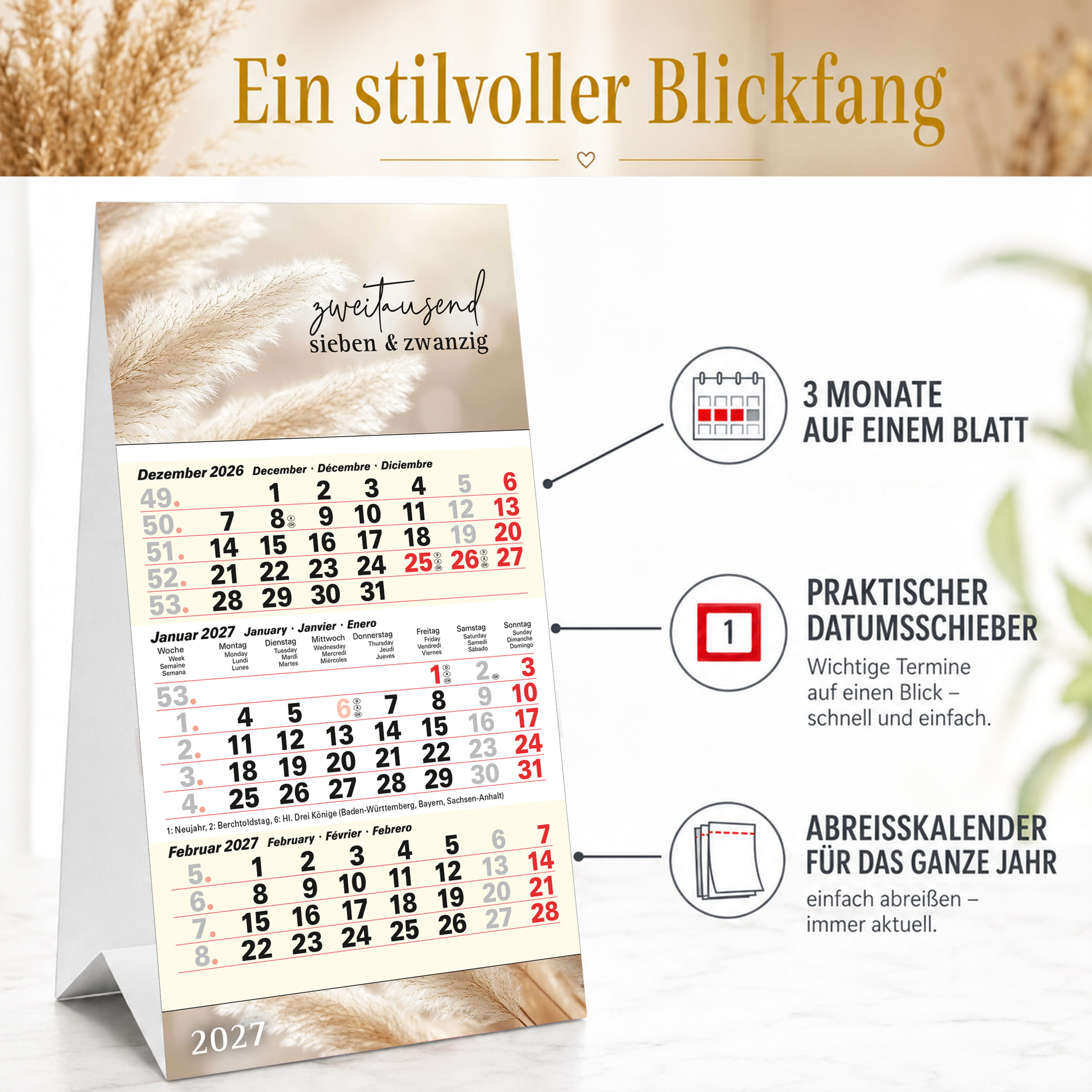 Tischkalender 2027 Pampas – 3 Monatskalender