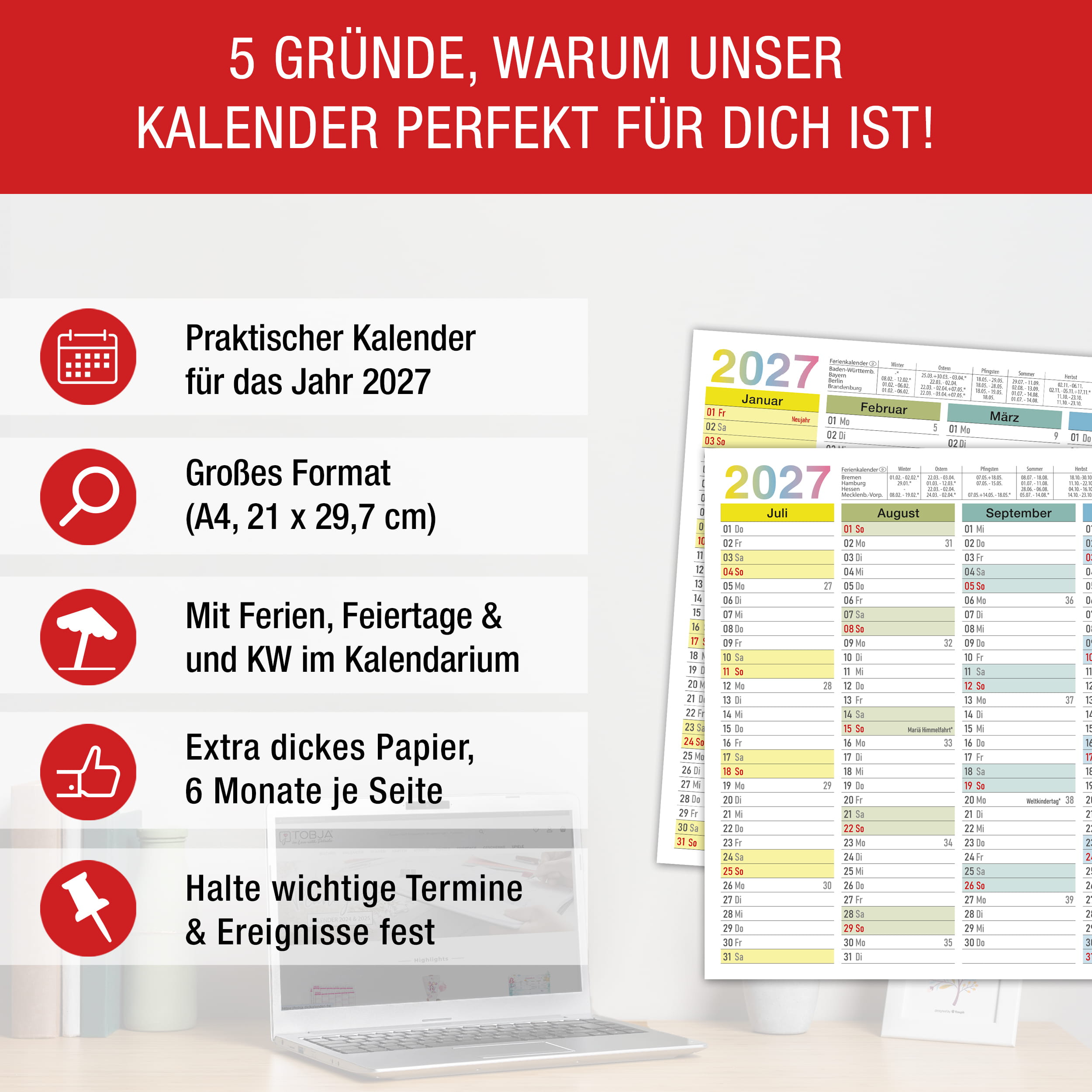 Tafelkalender 2027 Bunt A4 - 3er Set
