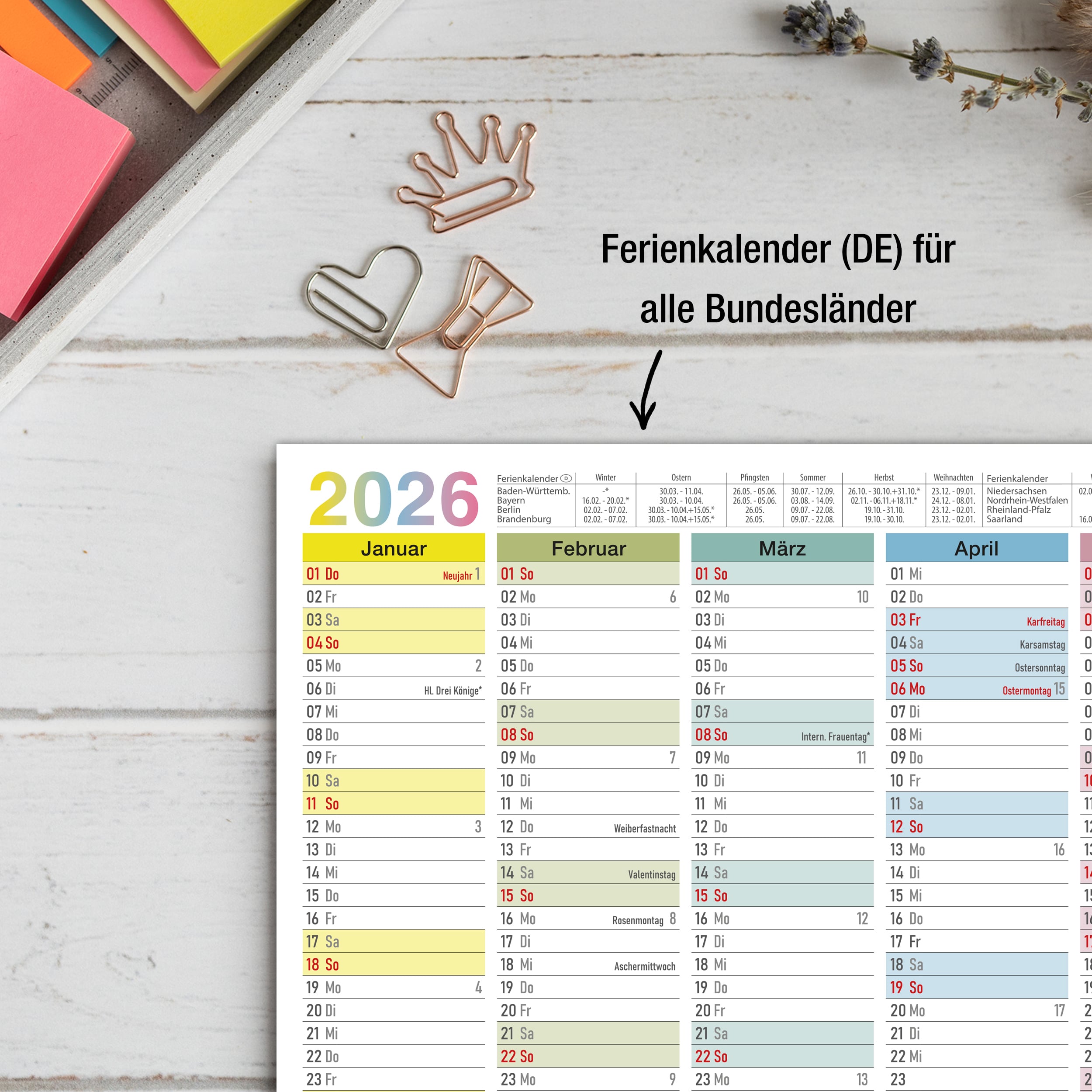 Abwischbarer A4 Tafelkalender 2026 "Bunt"  Kalender inkl 4 Stifte