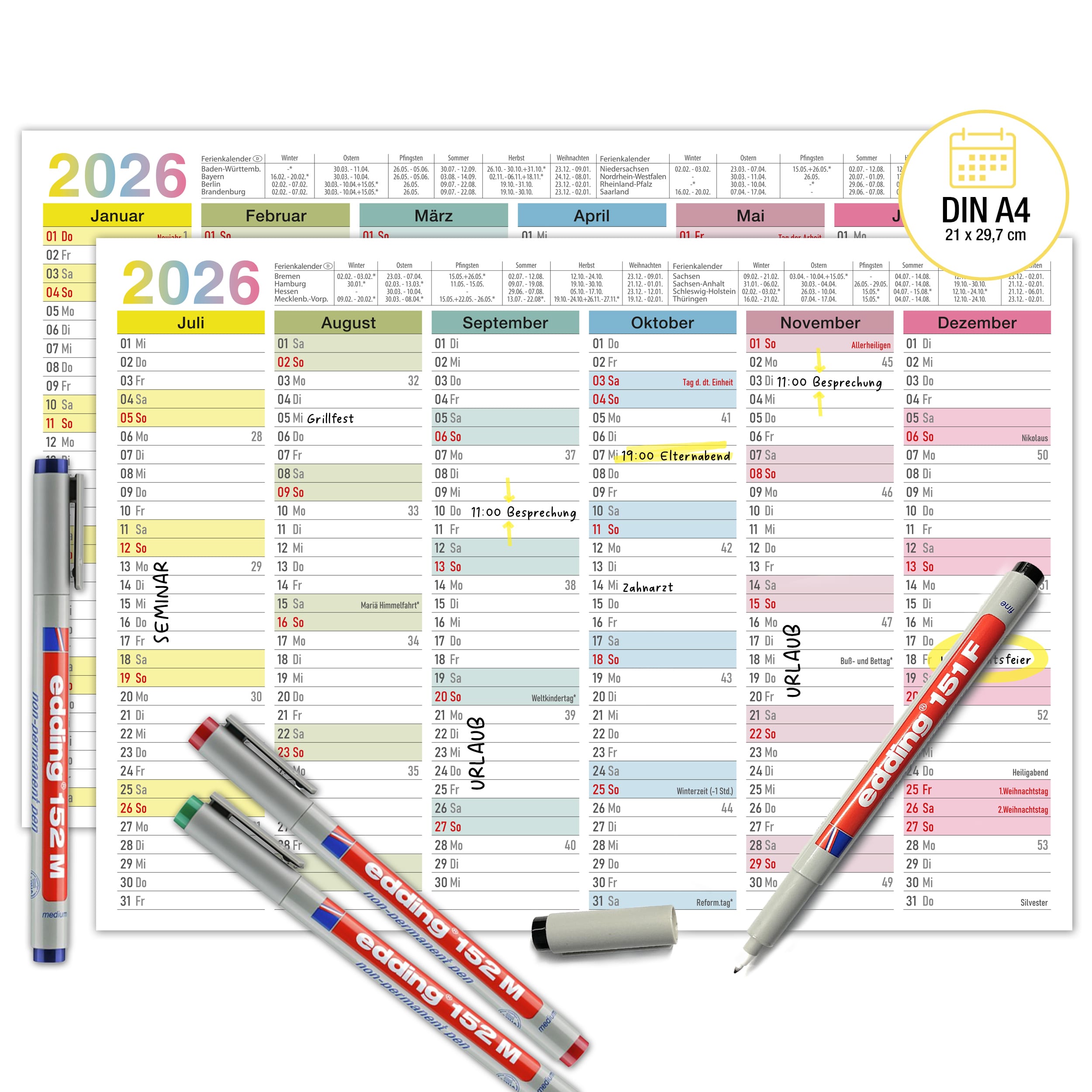 Abwischbarer A4 Tafelkalender 2026 "Bunt"  Abwischbarer A4 Tafelkalender 2026 "Bunt"