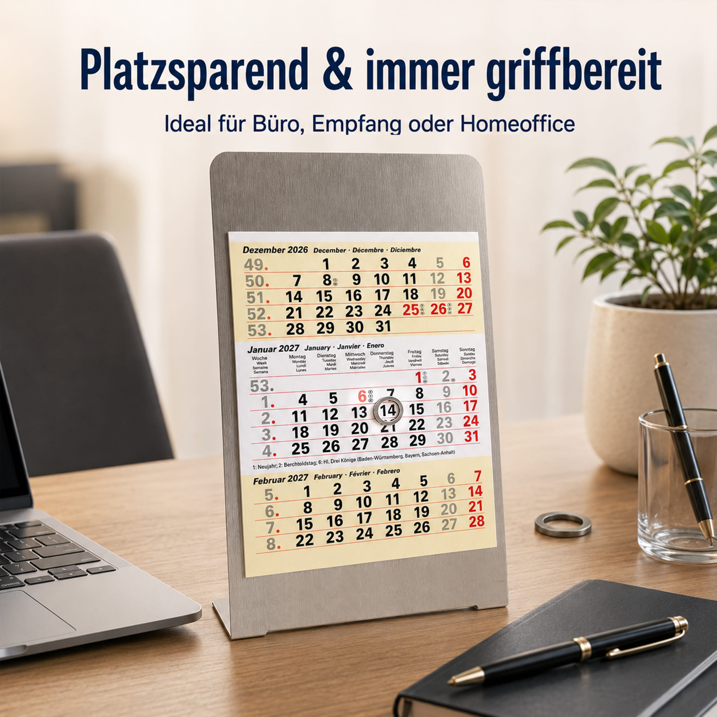 Magnet-System Sand – Tischkalender 2027 mit Metallaufsteller