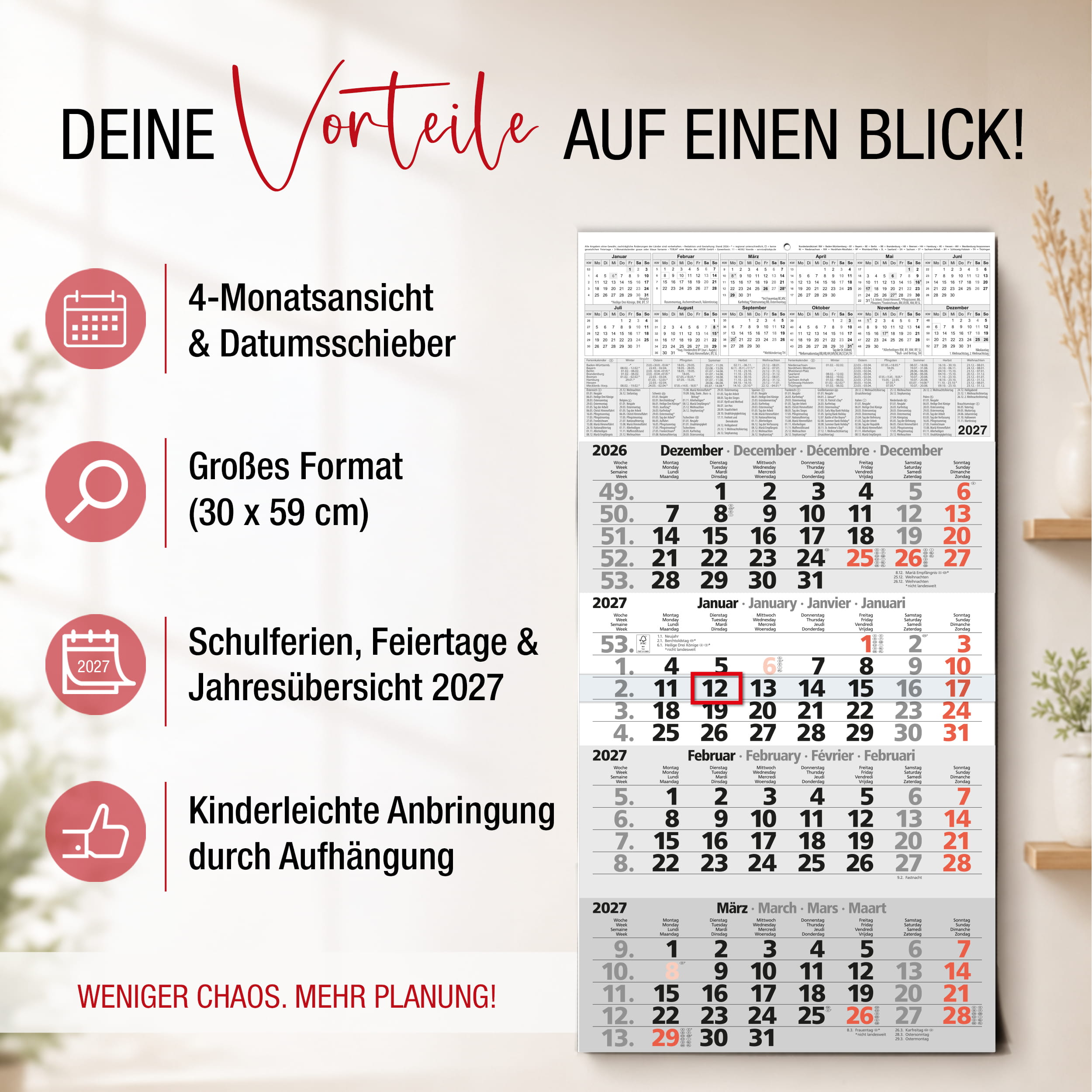 4-Monatskalender 2027 Rot 30x59