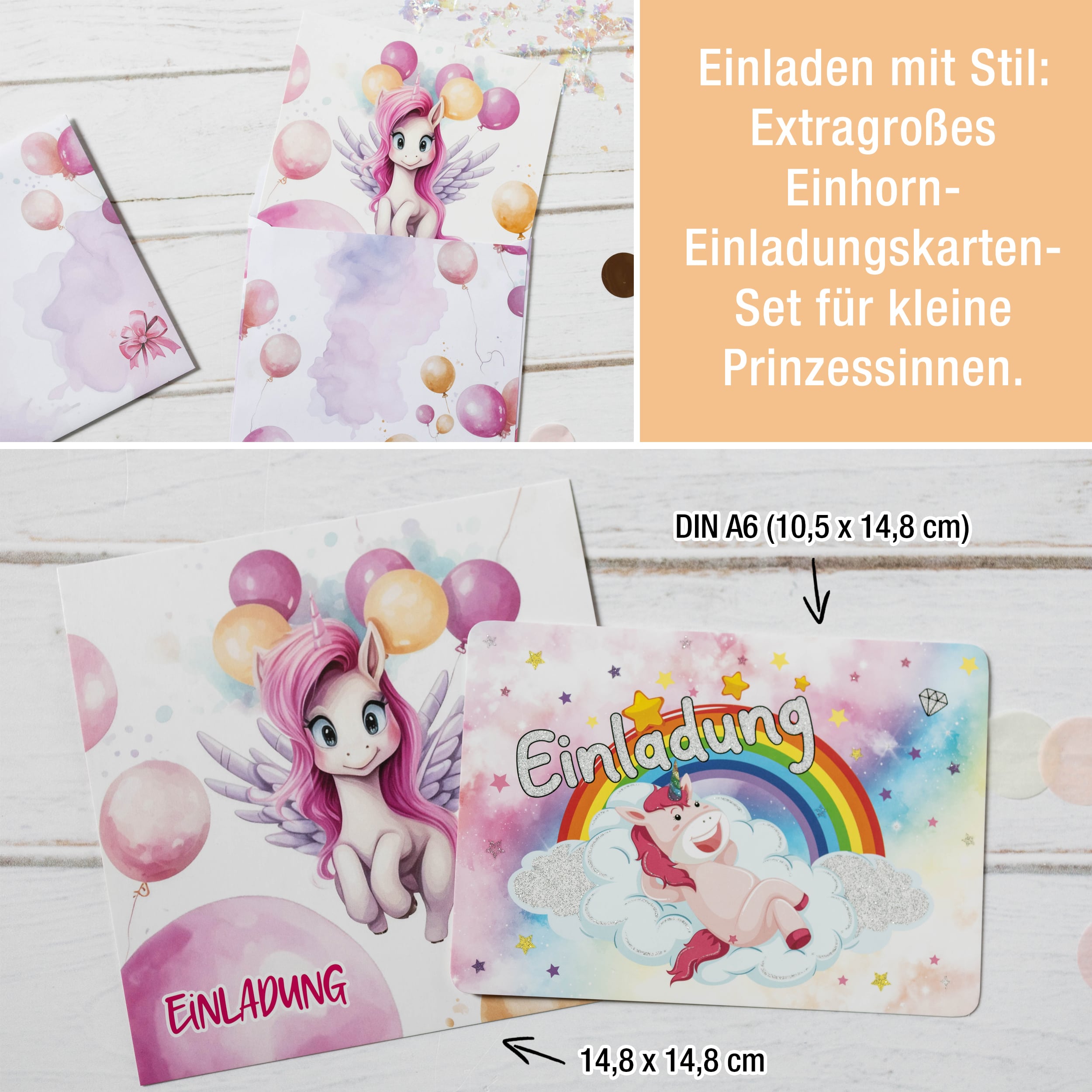 Einladungskarten Einhorn inkl. Sticker 10er Set Einladungskarten Einhorn inkl. Sticker 10er Set