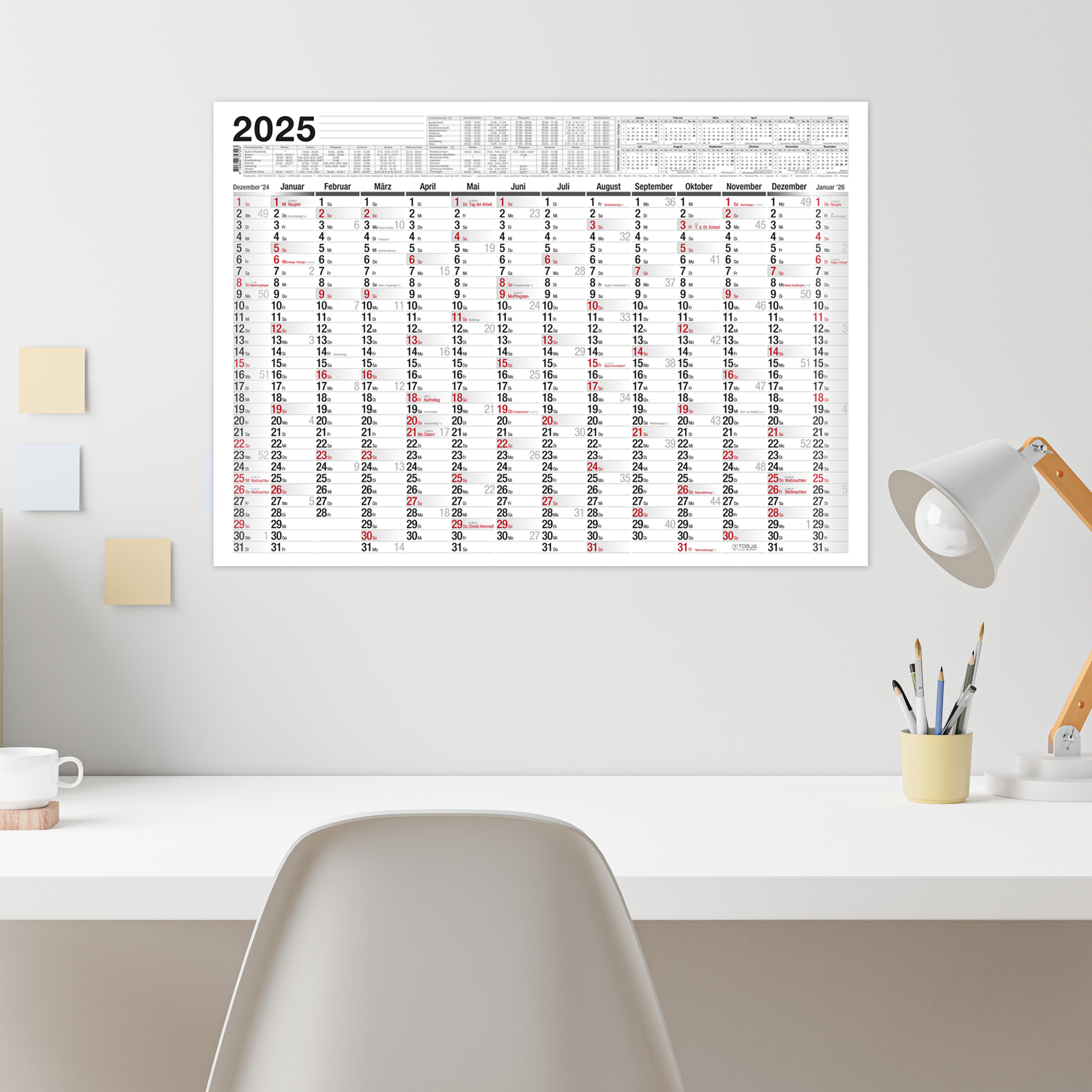 A2 Kalender 2025 - Großer Wandkalender mit Wochennummern und Feiertagen  Jetzt bestellen