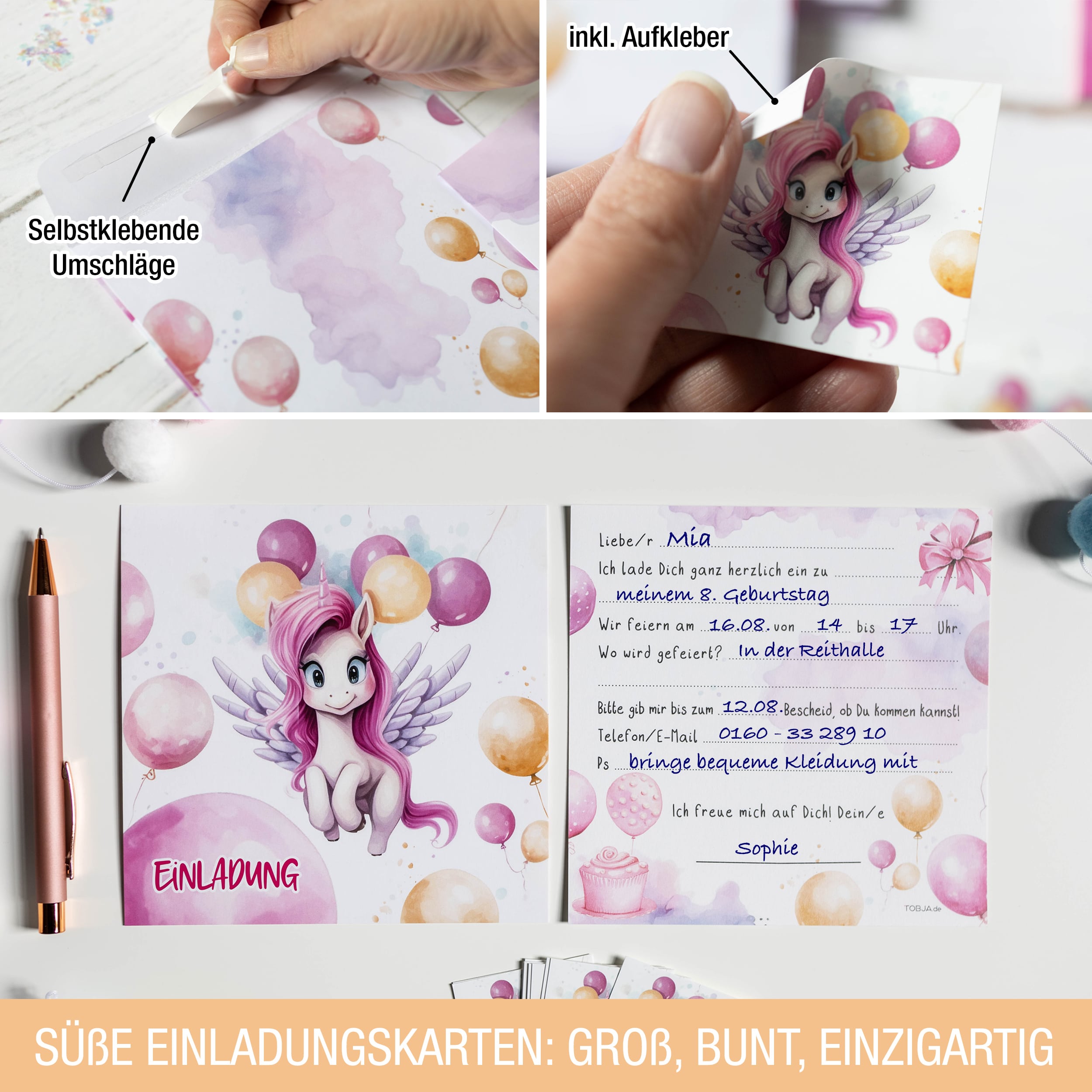 Einladungskarten Einhorn inkl. Sticker 10er Set Einladungskarten Einhorn inkl. Sticker 10er Set