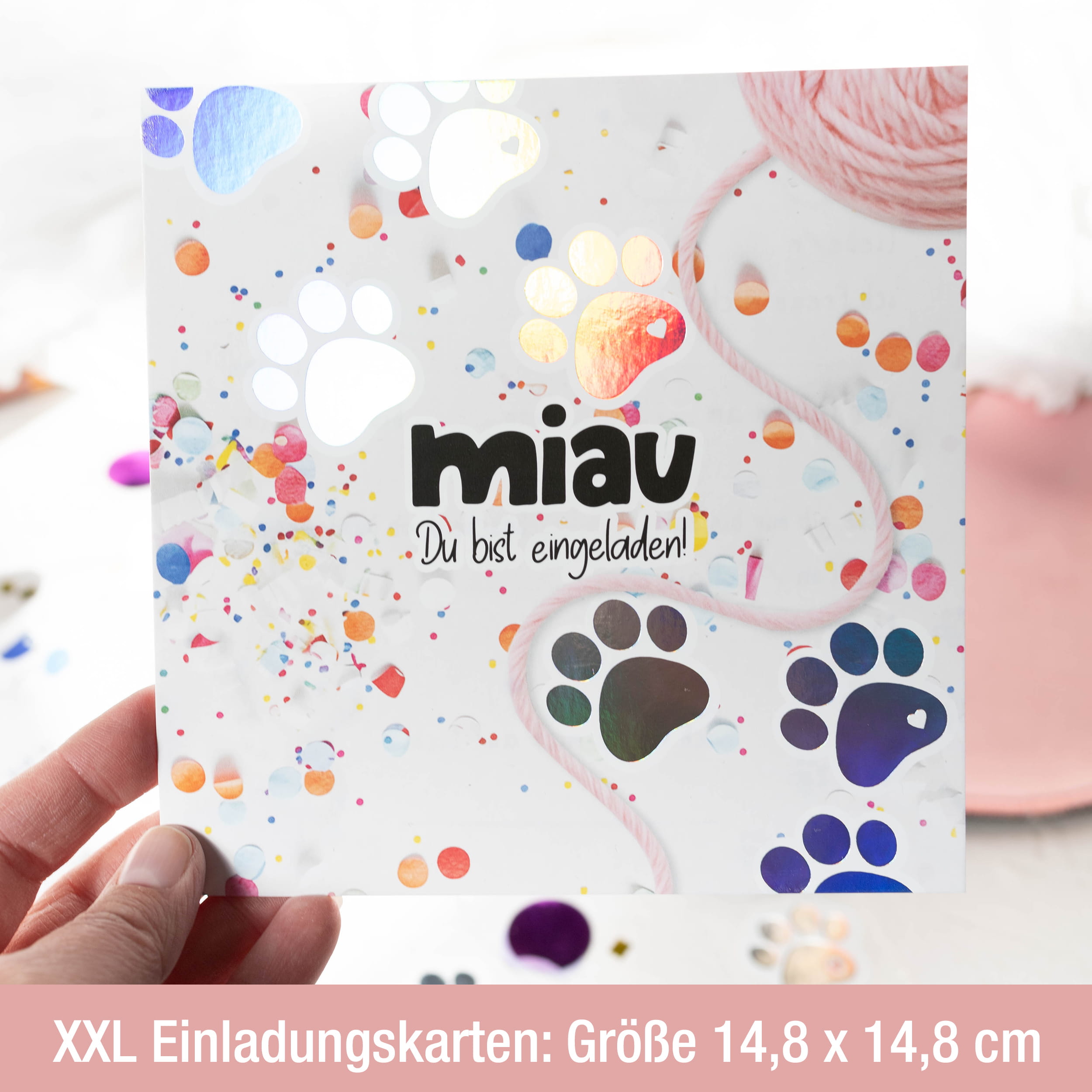 XL Einladungskarten Katze Konfetti – 10er-Set mit Silberfolie-Stickern