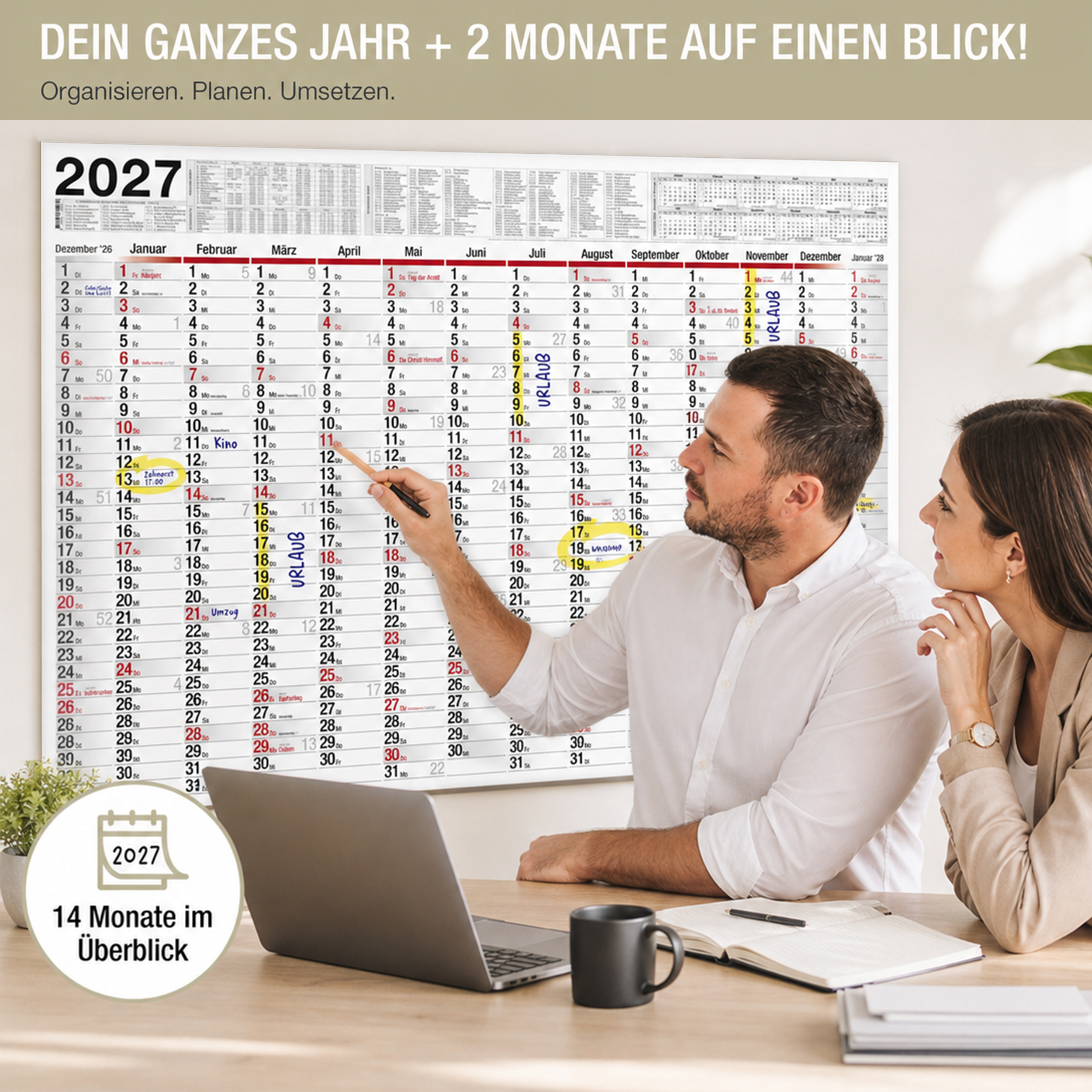 XXL Wandkalender 2026 1x Kalender abwischbar + 1 Stift