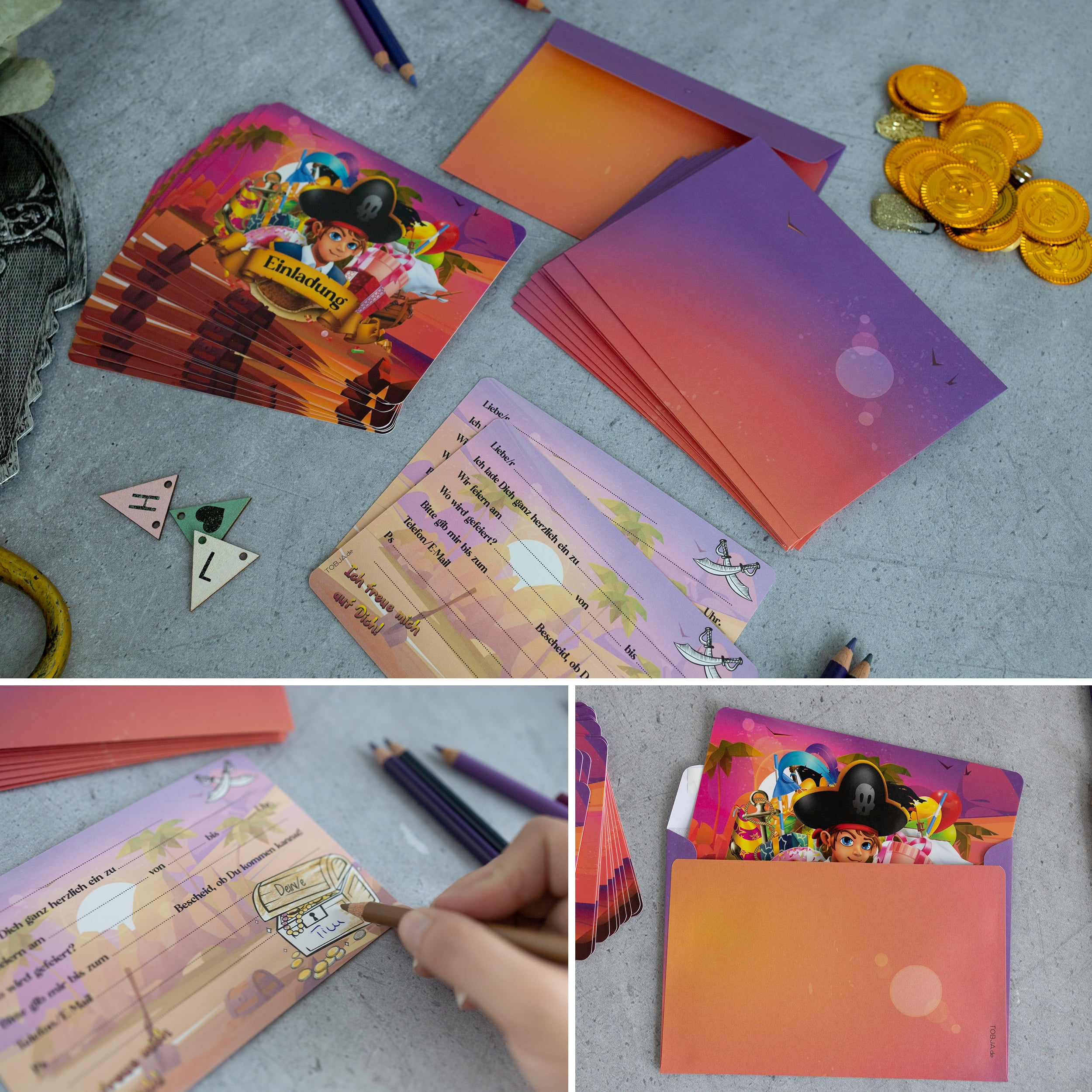 12 Einladungskarten inkl. Umschläge "Piraten Party"