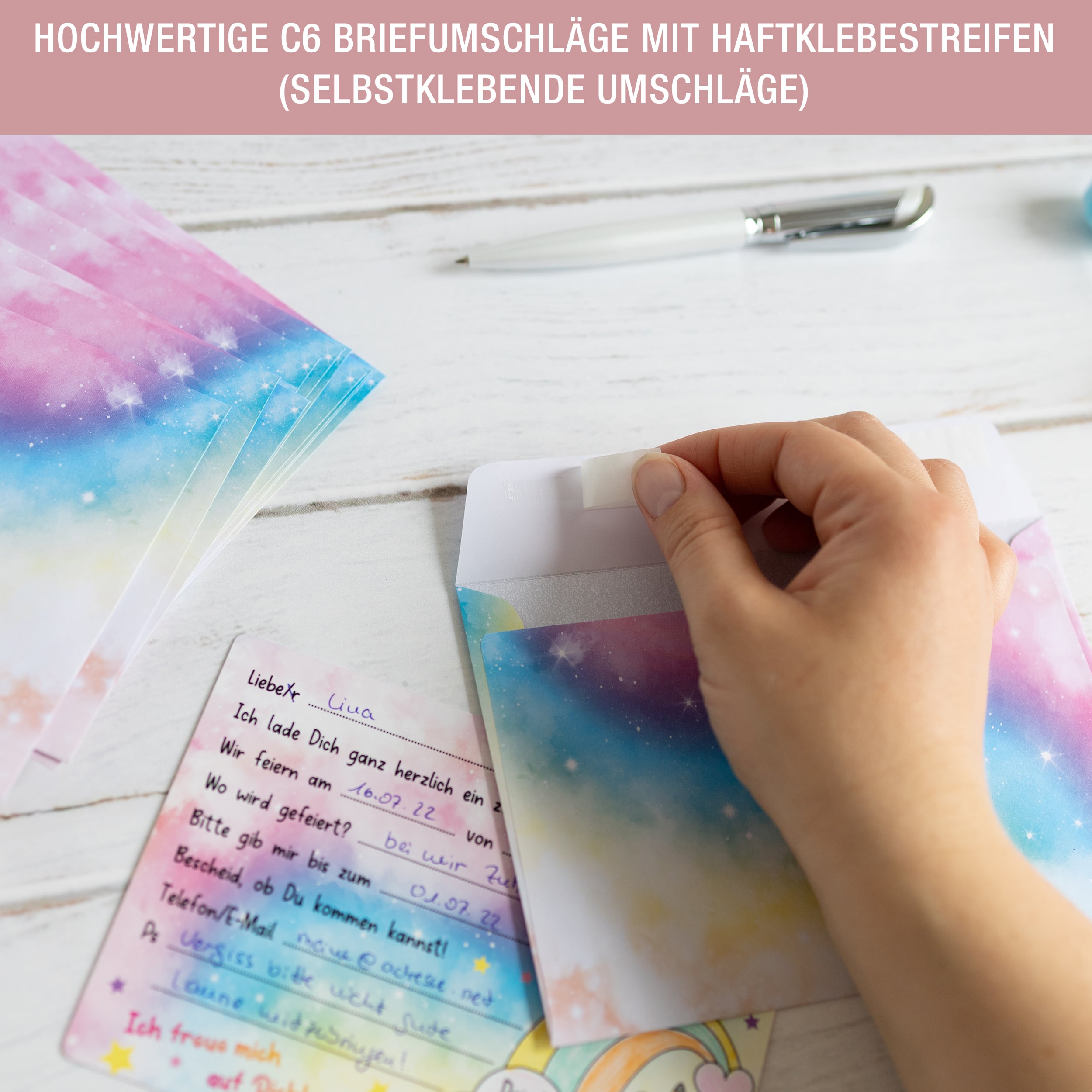 12 Einladungskarten inkl. Umschläge "Einhorn Party"