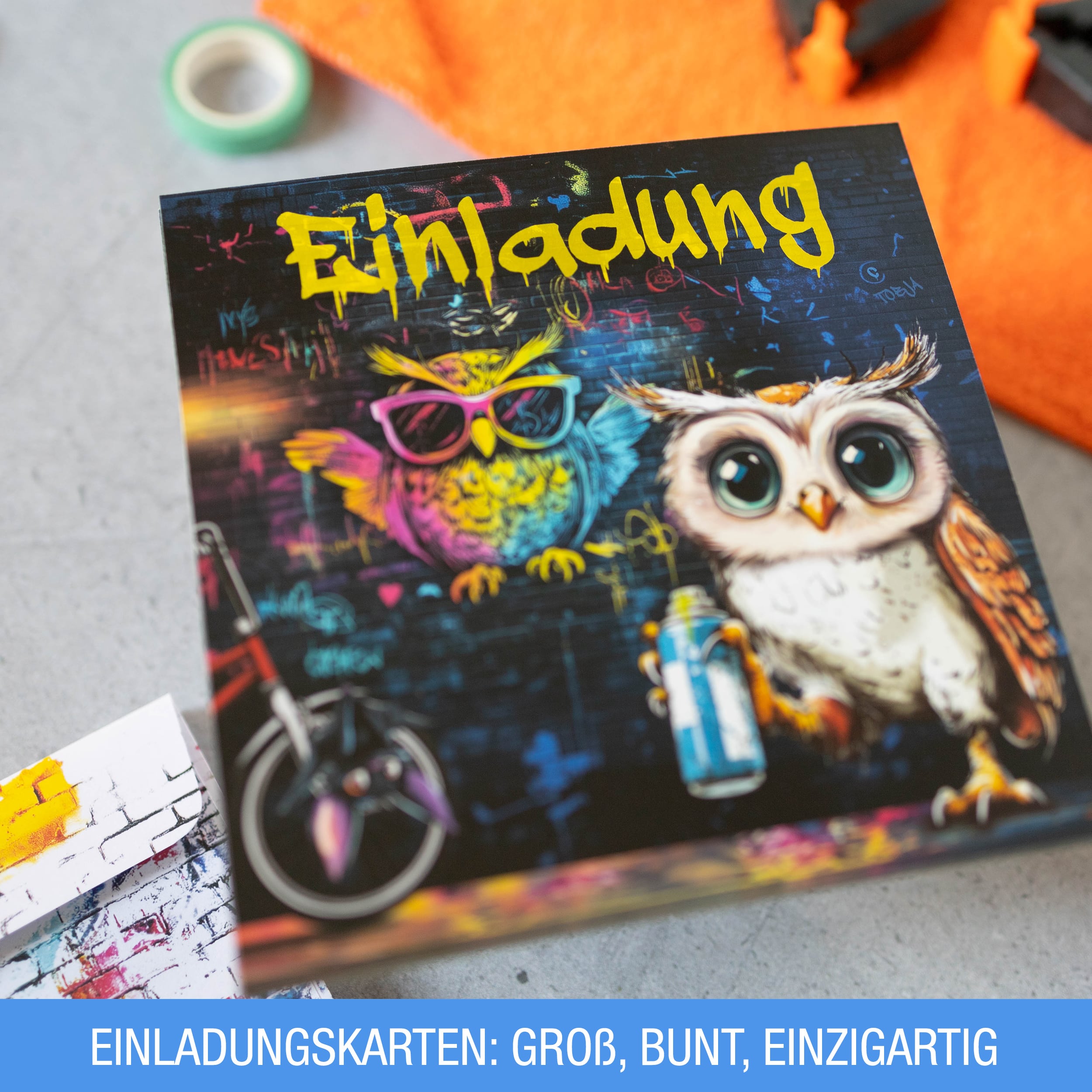 Einladungskarten Eule Graffiti inkl. Sticker 10er Set Einladungskarten Eule Graffiti inkl. Sticker 10er Set