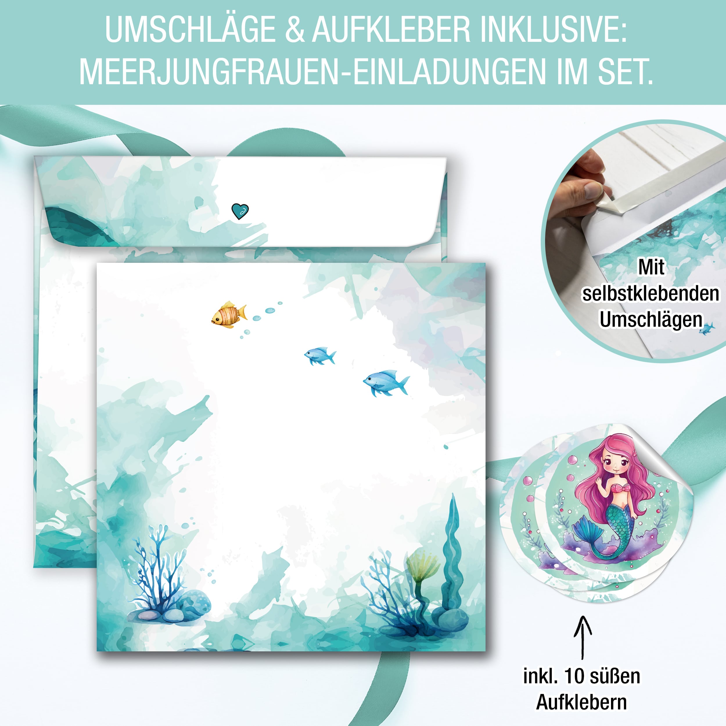 Einladungskarten Meerjungfrau inkl. Sticker 10er Set