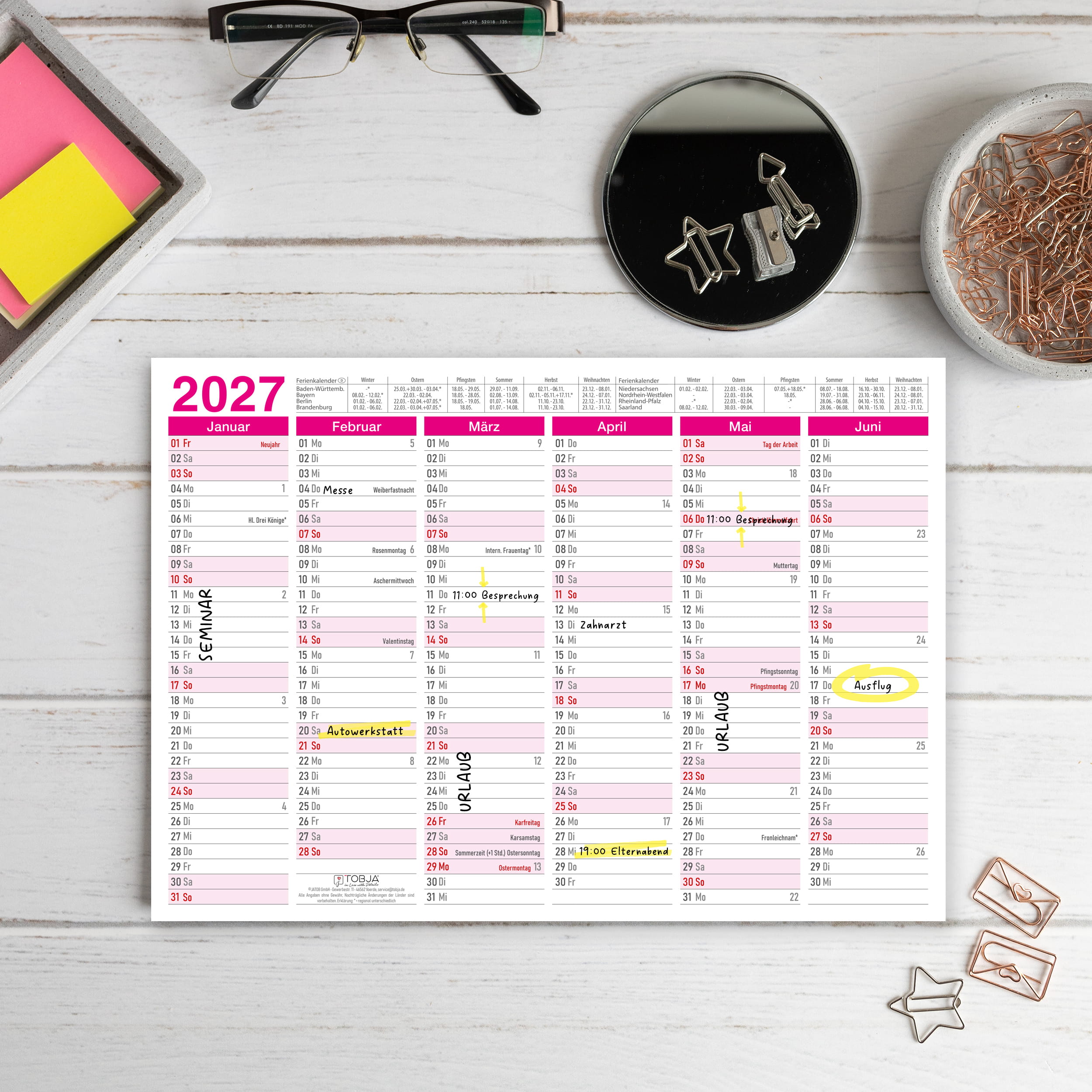 Tafelkalender 2027 Pink A4 - 3er Set