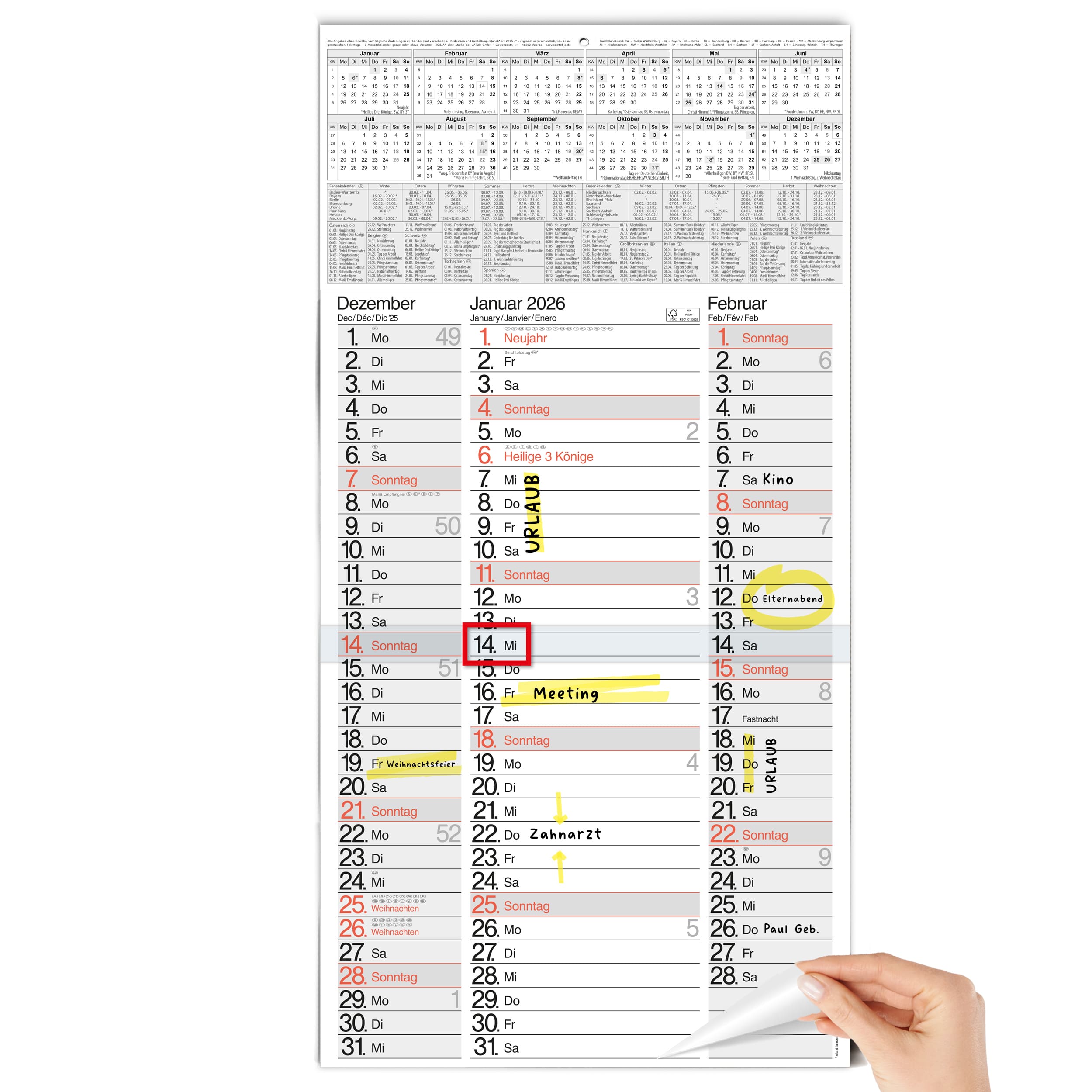 3-Monatskalender 2026 Nebeneinander