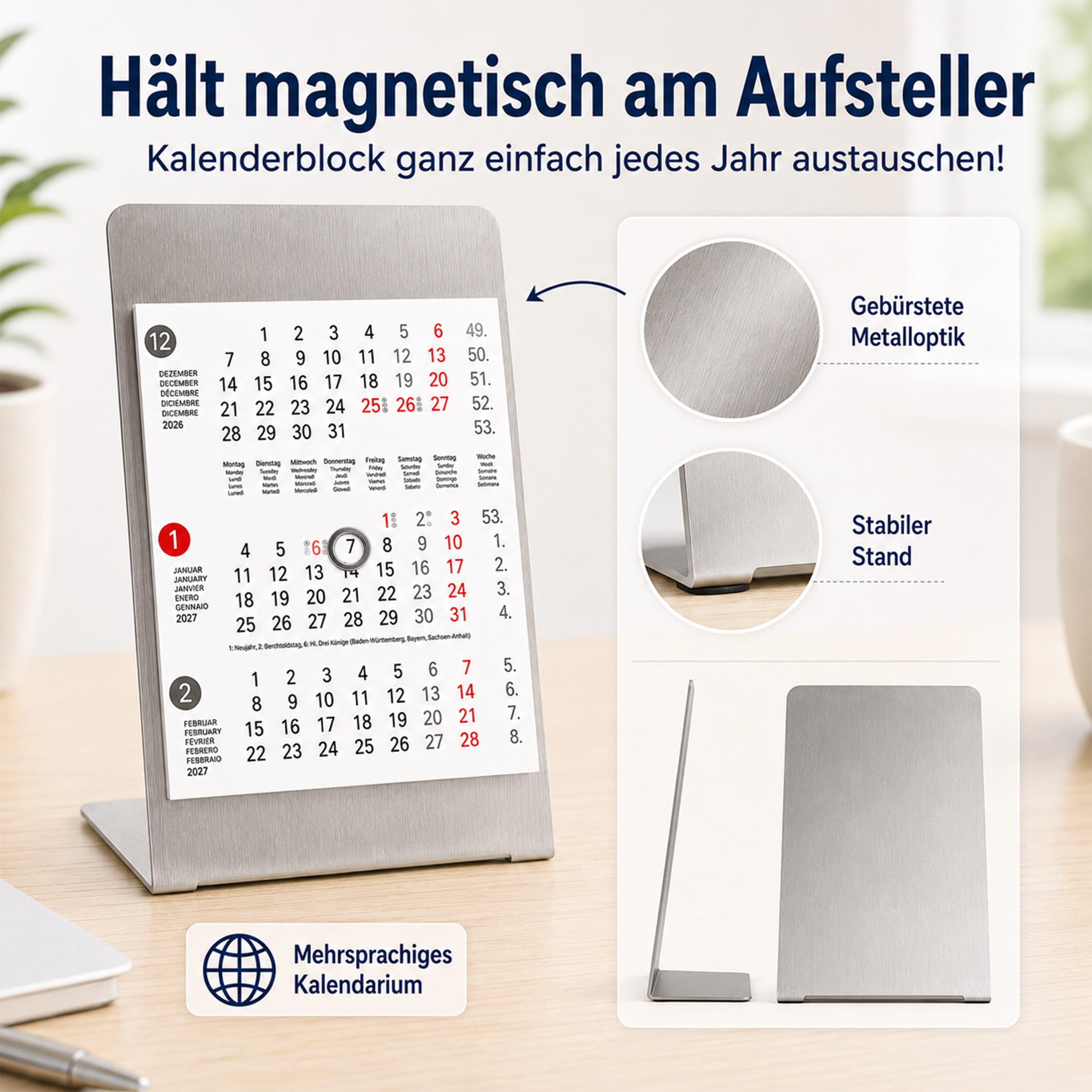 Magnet-System Dots – Tischkalender 2027 mit Metallaufsteller