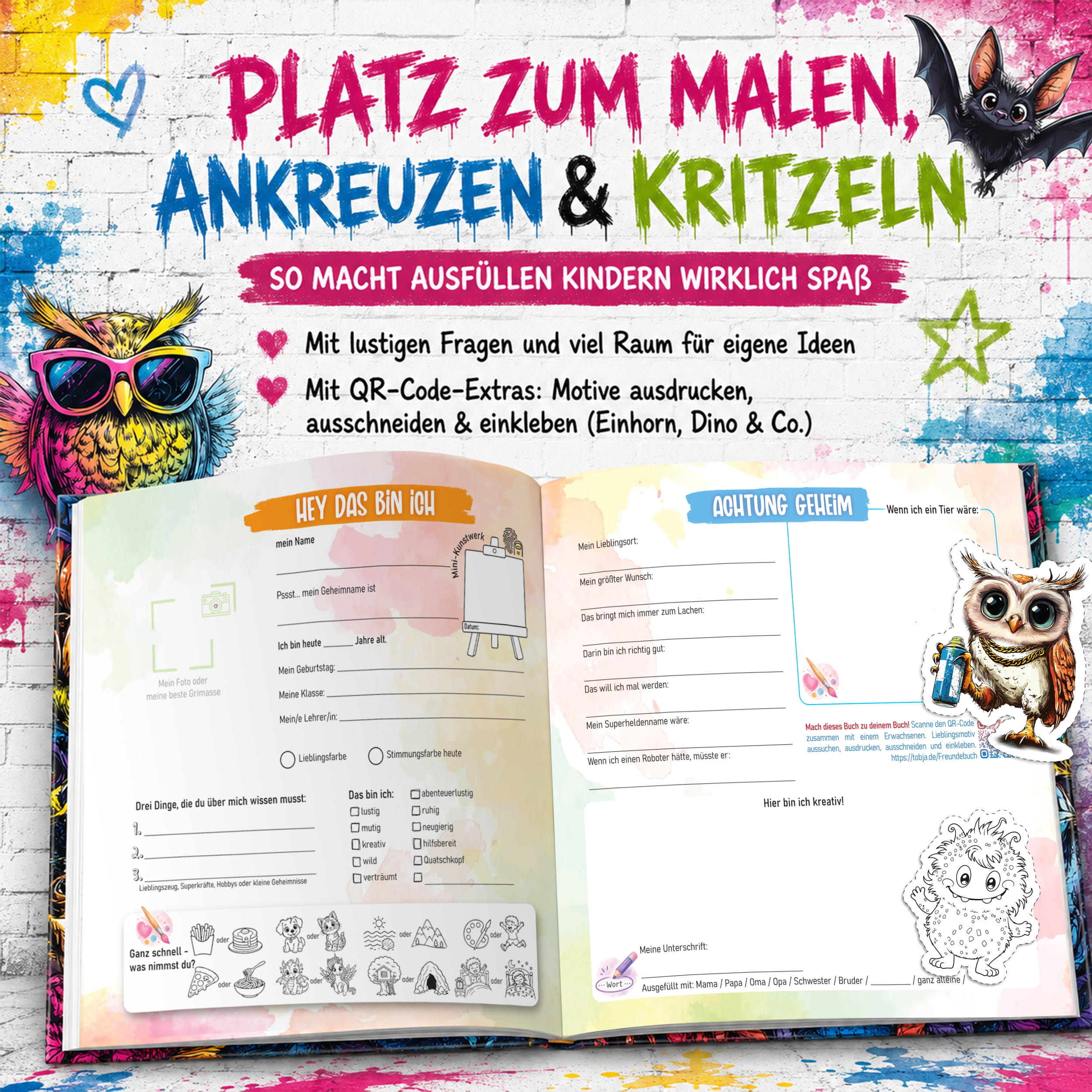 Freundebuch Grundschule Eule Graffiti – 21 x 21 cm Hardcover