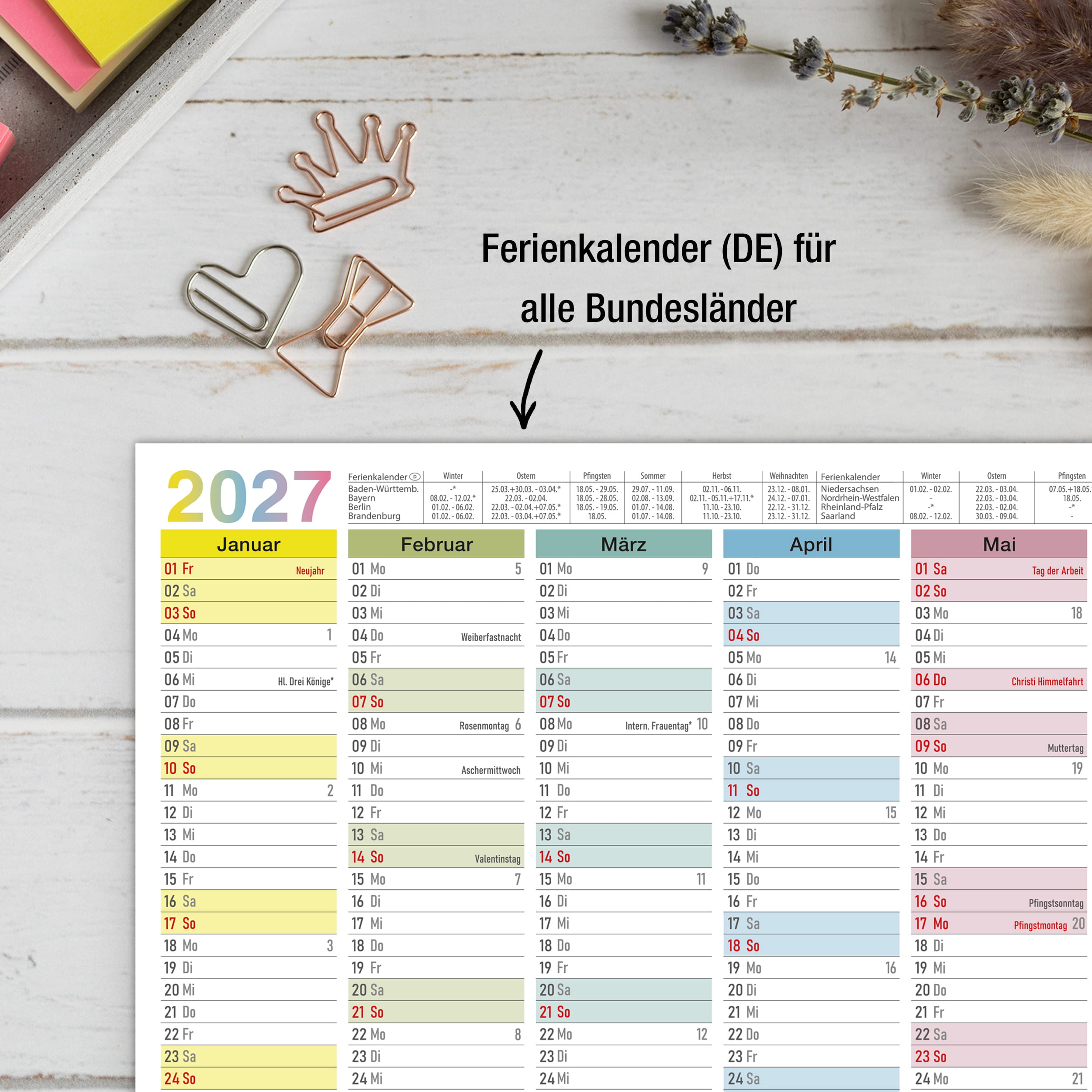 Abwischbarer A4 Tafelkalender 2026 "Bunt"  Kalender inkl 4 Stifte